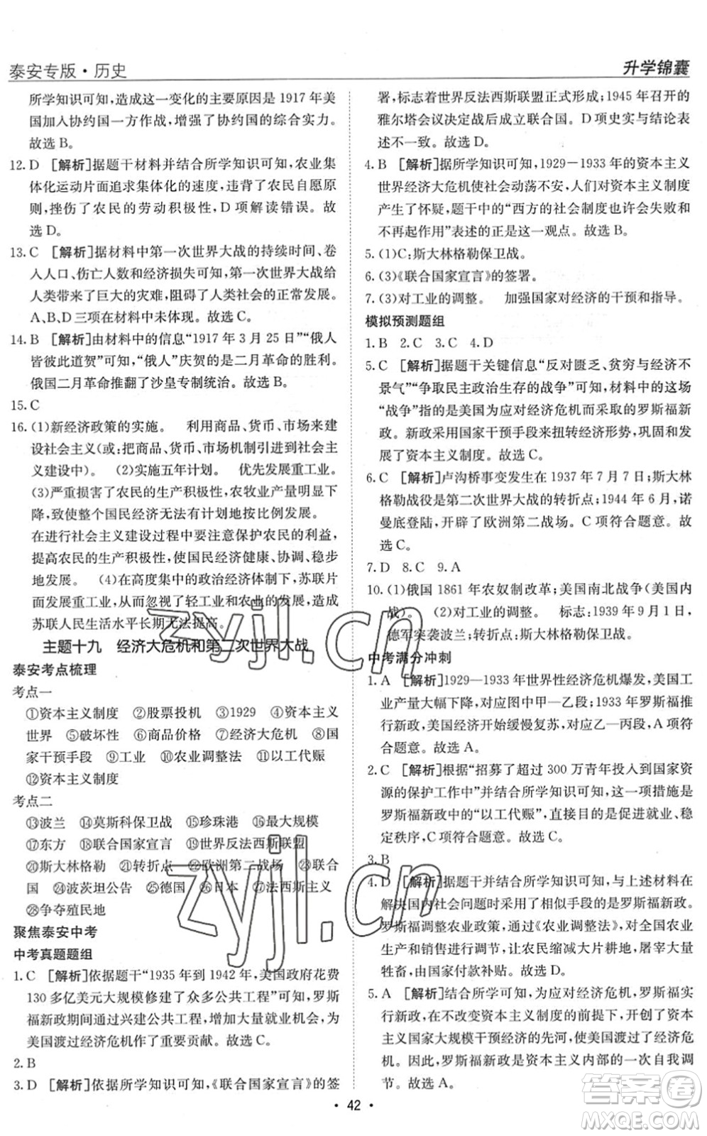 新疆青少年出版社2022升學(xué)錦囊九年級(jí)歷史泰安專版答案