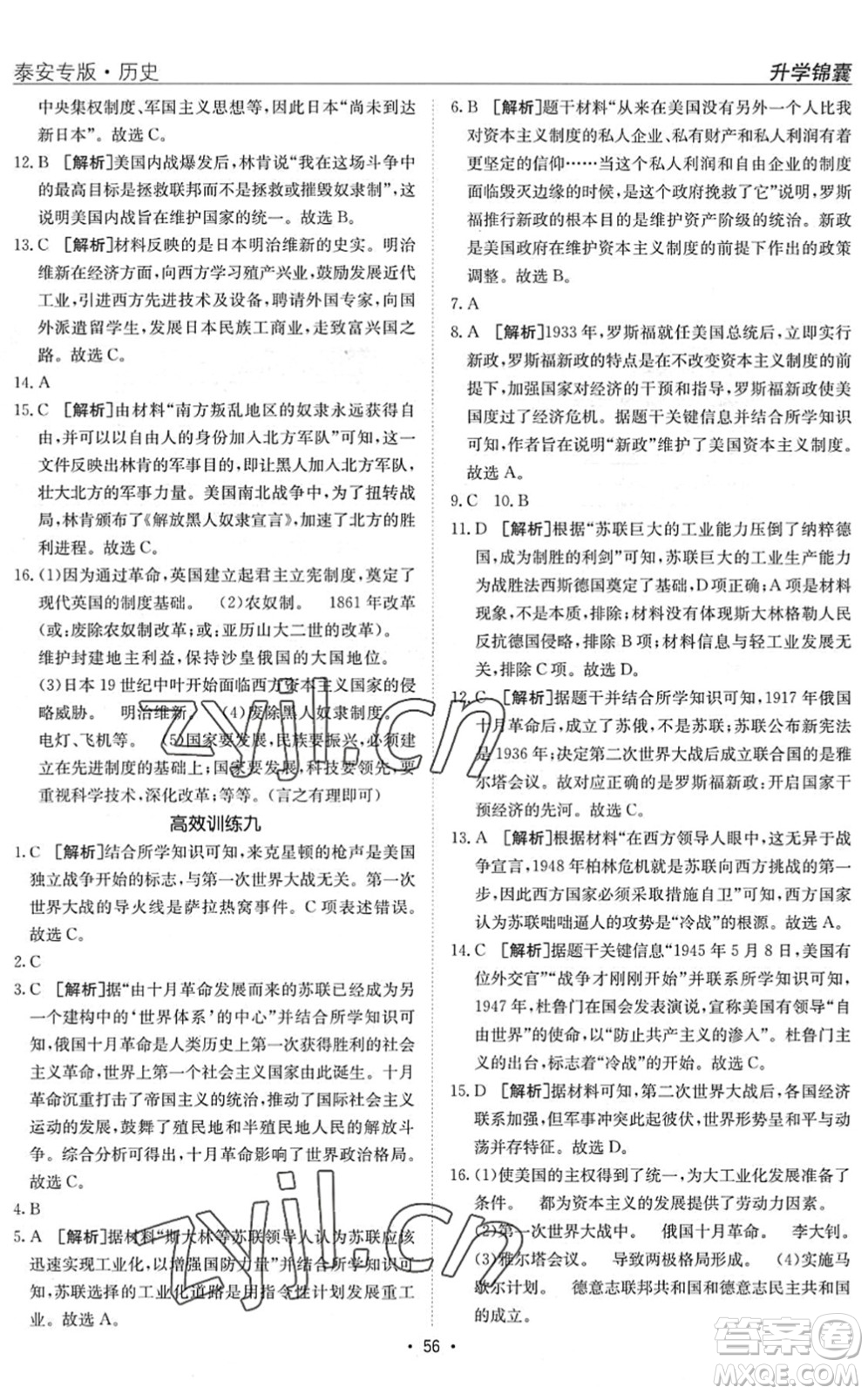 新疆青少年出版社2022升學(xué)錦囊九年級(jí)歷史泰安專版答案