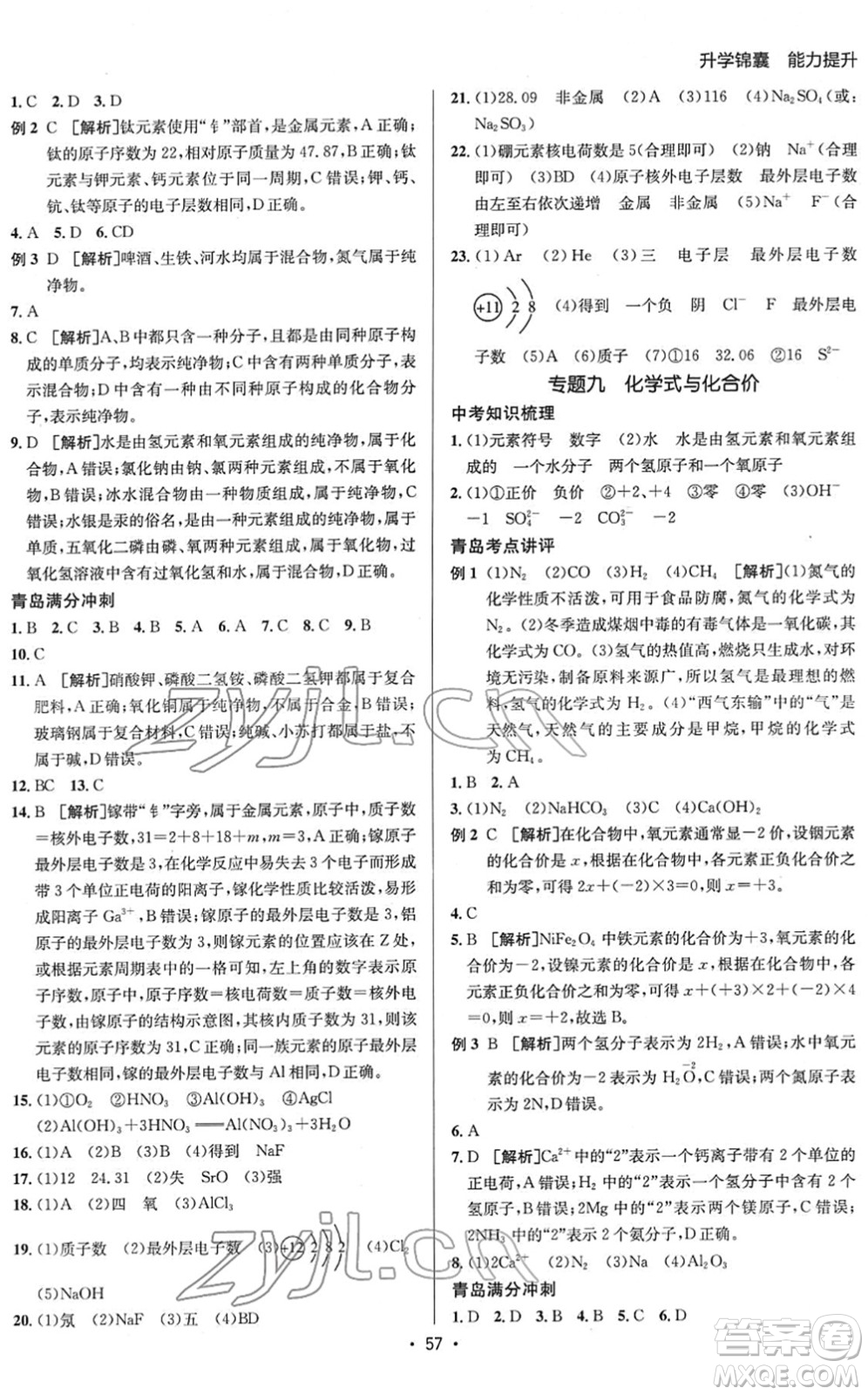 新疆青少年出版社2022升學(xué)錦囊九年級(jí)化學(xué)青島專版答案