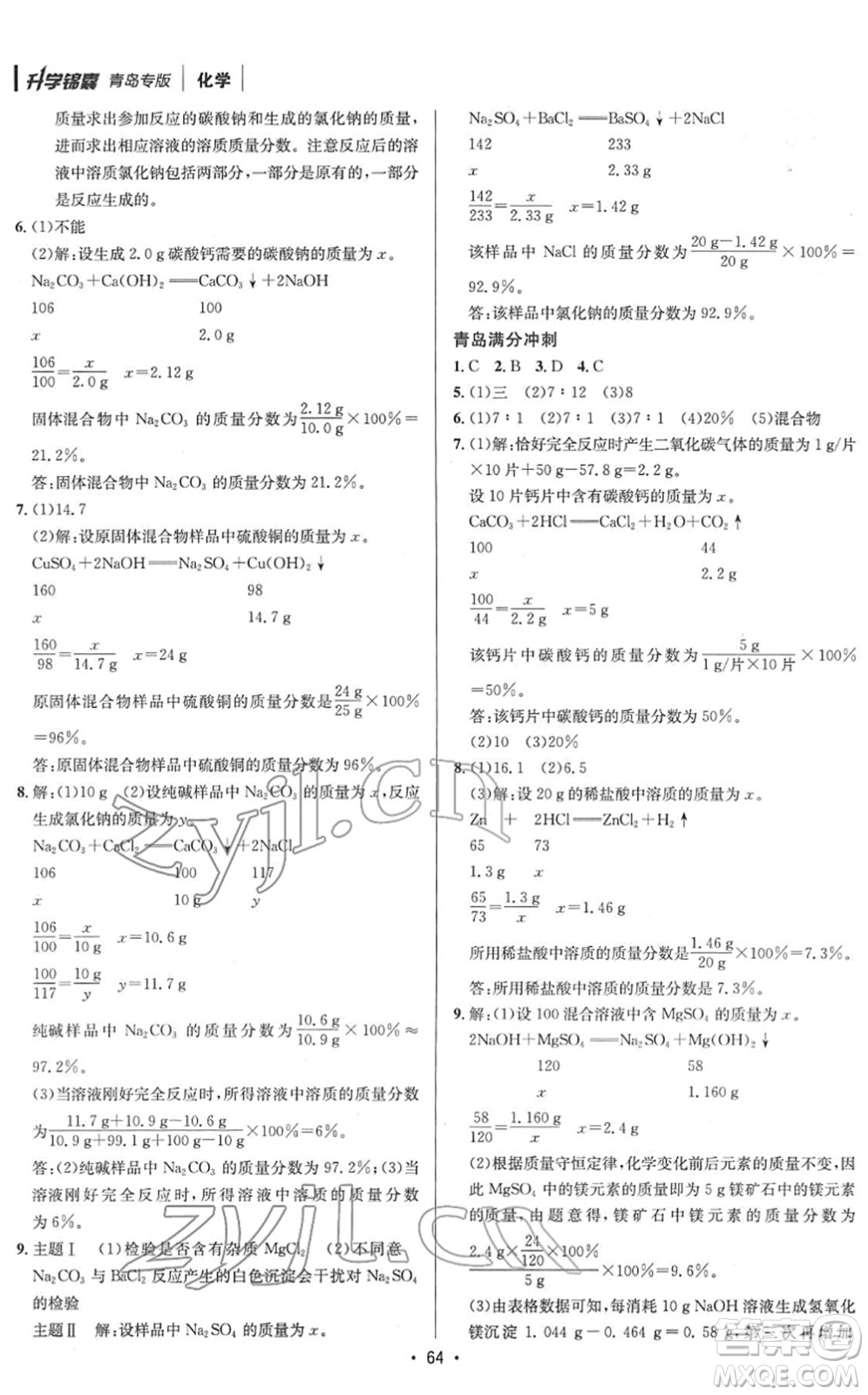 新疆青少年出版社2022升學(xué)錦囊九年級(jí)化學(xué)青島專版答案