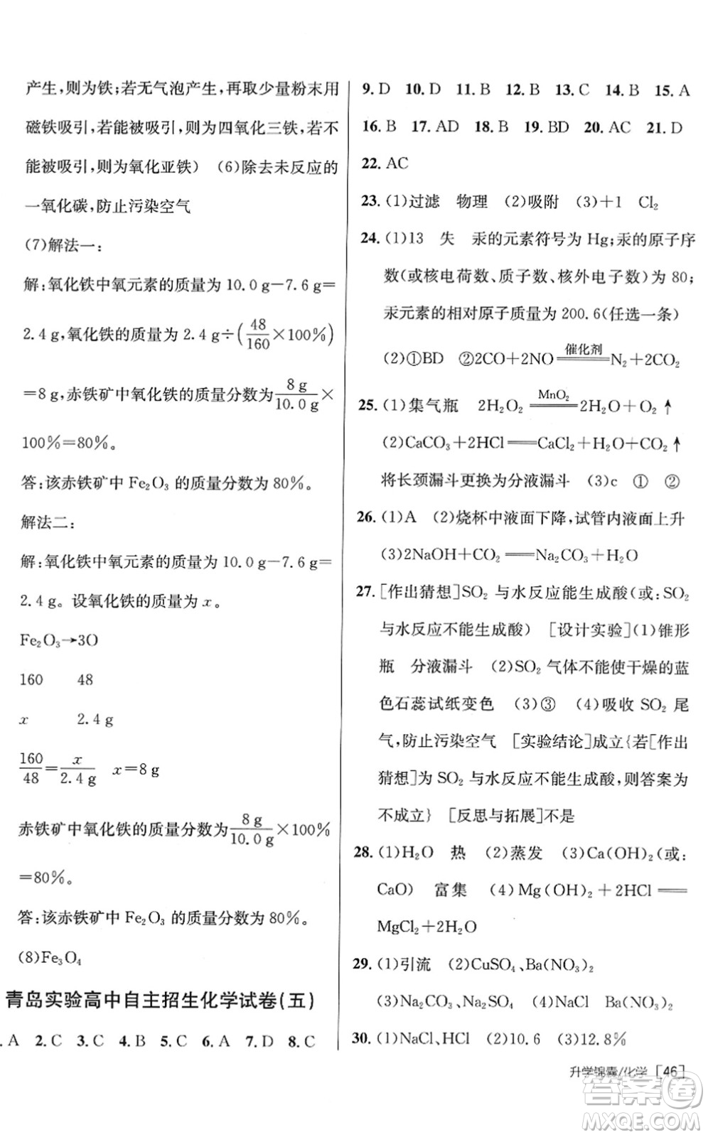 新疆青少年出版社2022升學(xué)錦囊九年級(jí)化學(xué)青島專版答案