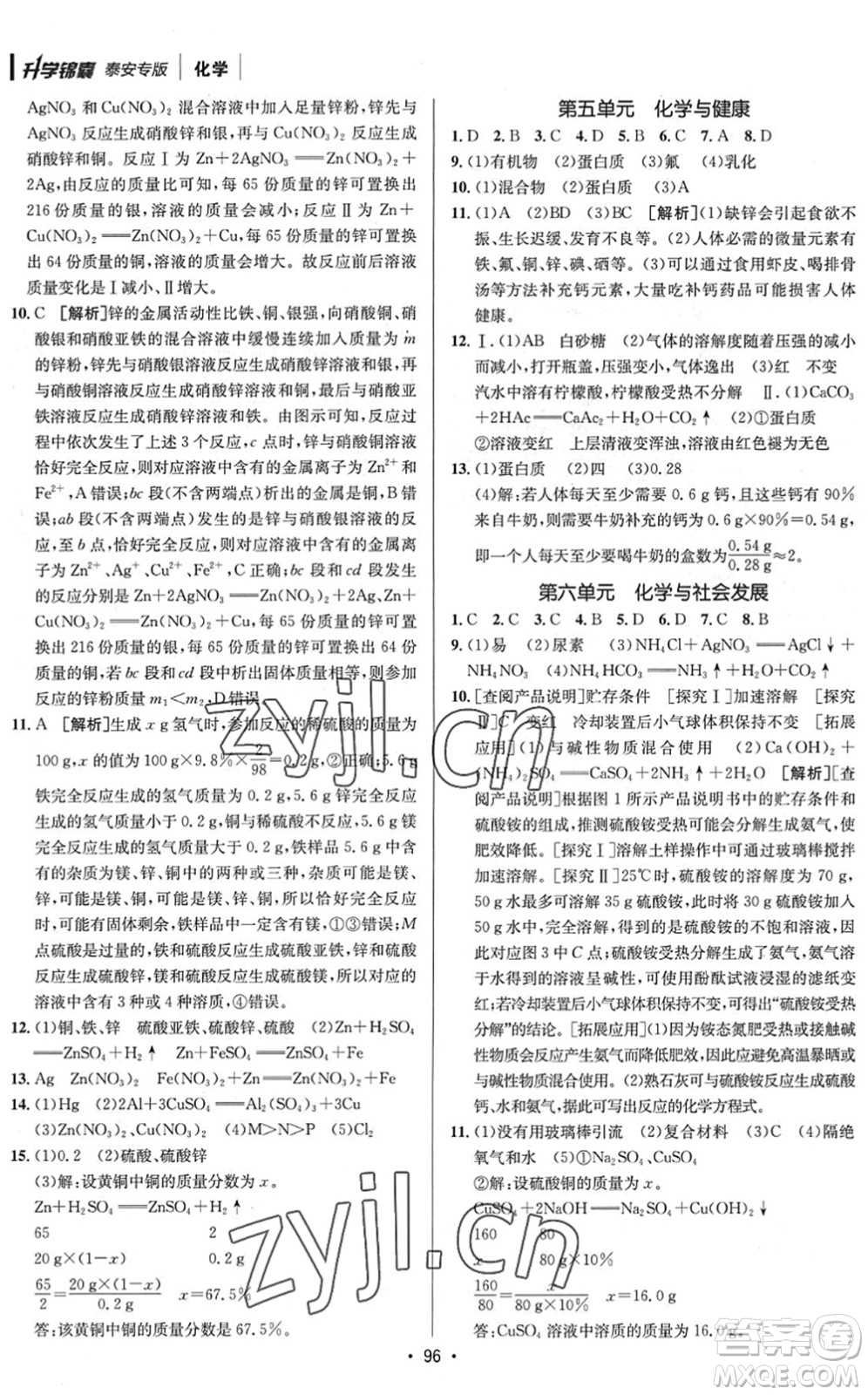 新疆青少年出版社2022升學(xué)錦囊九年級(jí)化學(xué)泰安專版答案