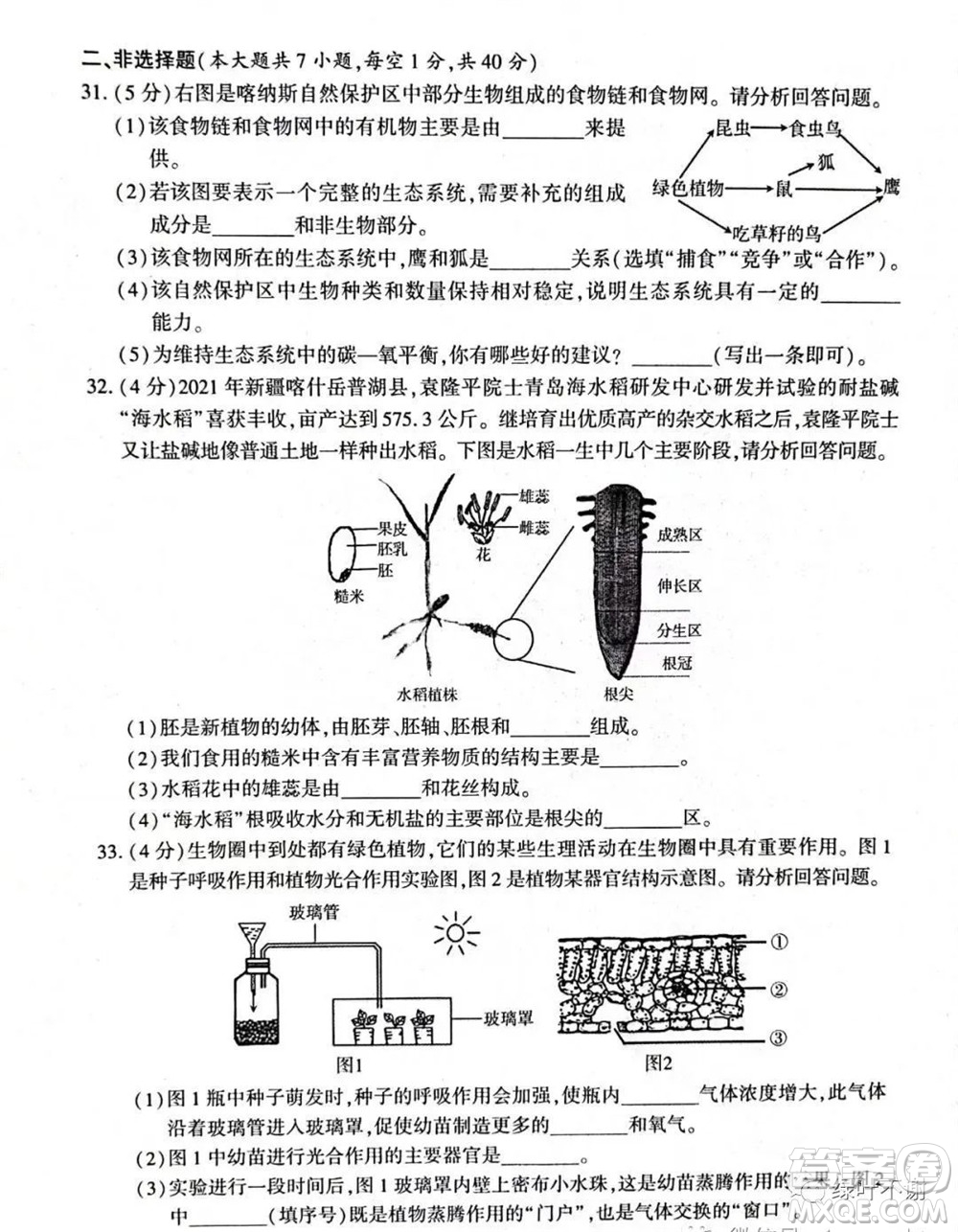 新疆維吾爾自治區(qū)新疆生產(chǎn)建設(shè)兵團(tuán)2022年初中學(xué)業(yè)水平考試生物試題卷及答案