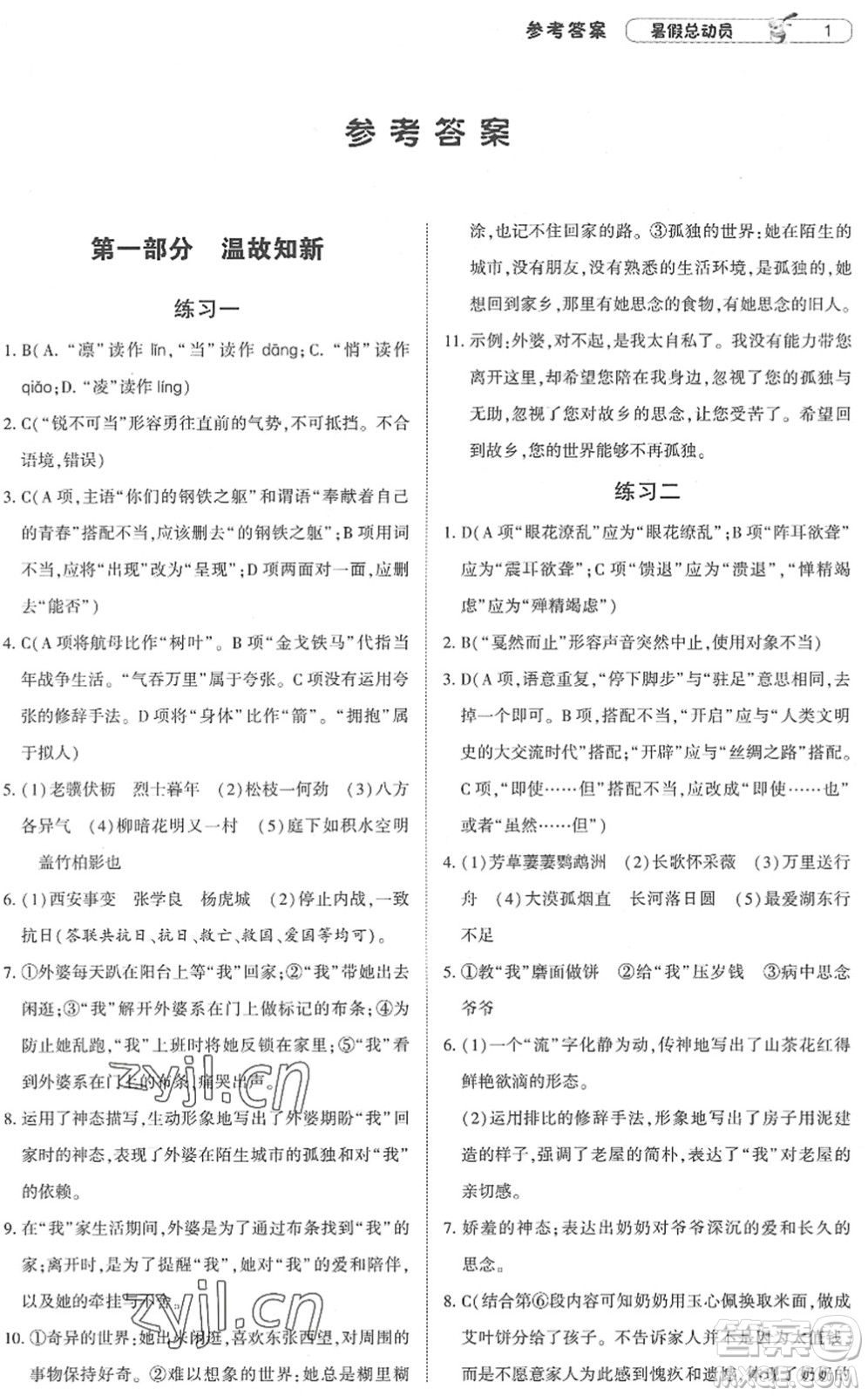 寧夏人民教育出版社2022經(jīng)綸學(xué)典暑假總動員八年級語文人教版答案