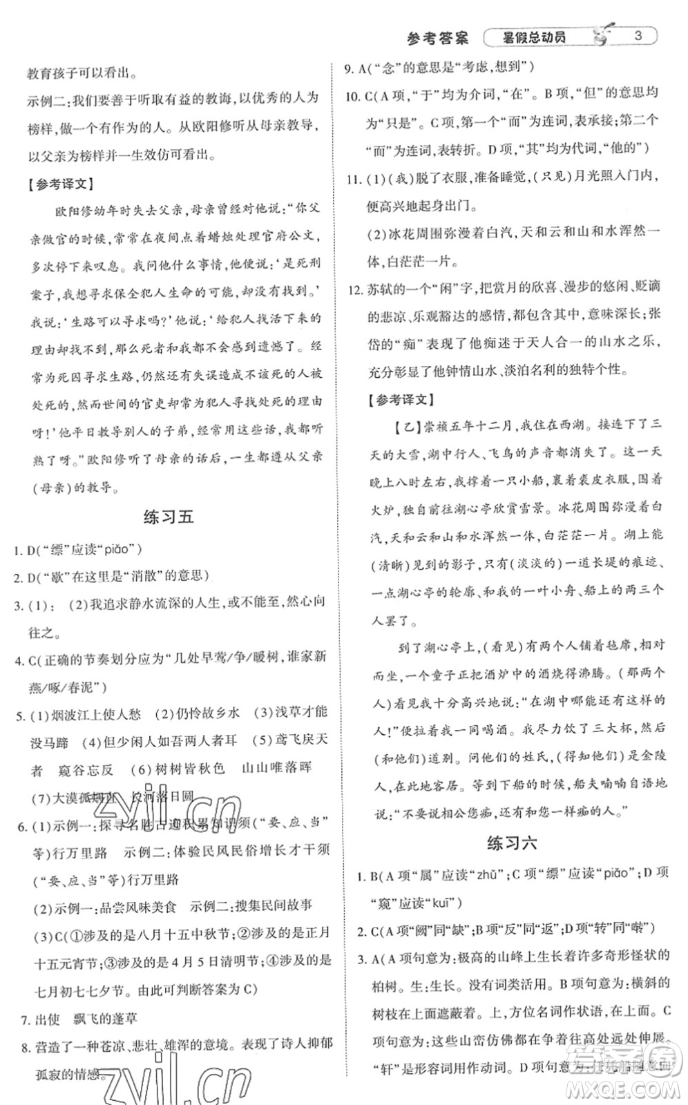 寧夏人民教育出版社2022經(jīng)綸學(xué)典暑假總動員八年級語文人教版答案