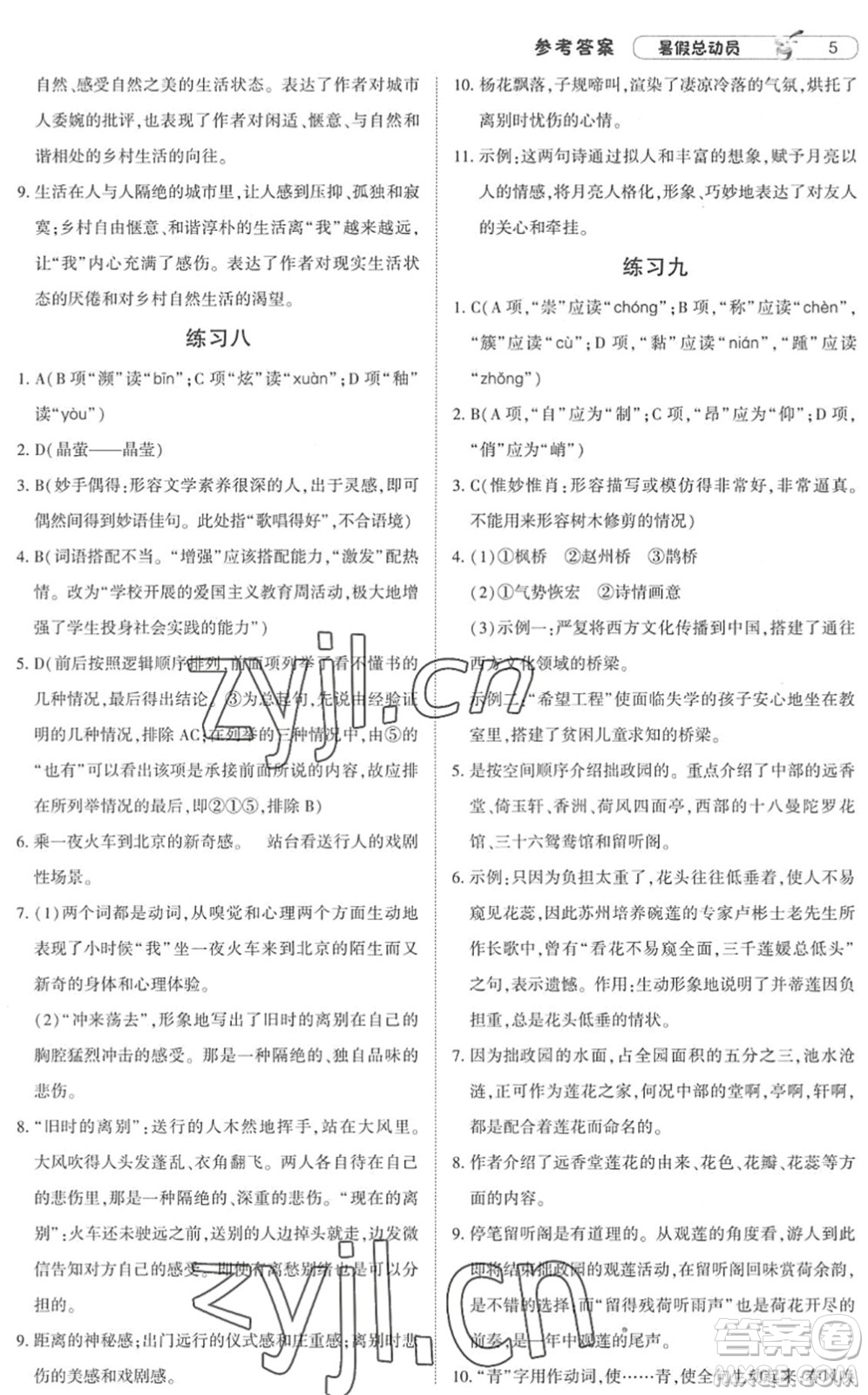 寧夏人民教育出版社2022經(jīng)綸學(xué)典暑假總動員八年級語文人教版答案