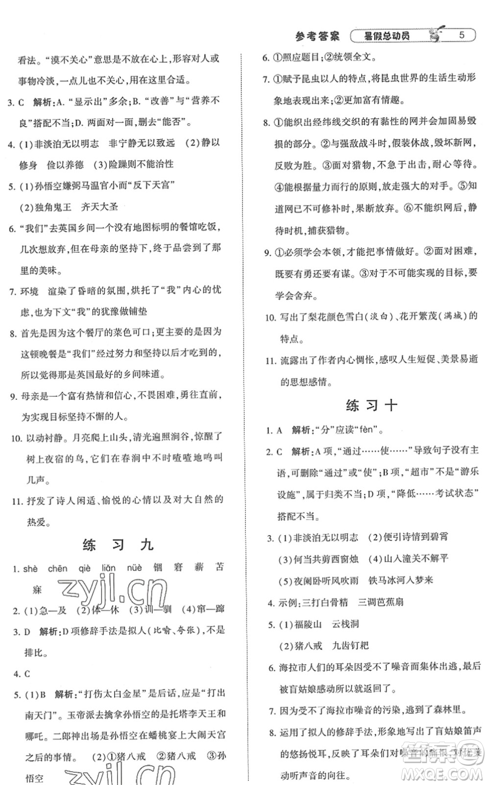 寧夏人民教育出版社2022經(jīng)綸學(xué)典暑假總動(dòng)員七年級(jí)語(yǔ)文人教版答案