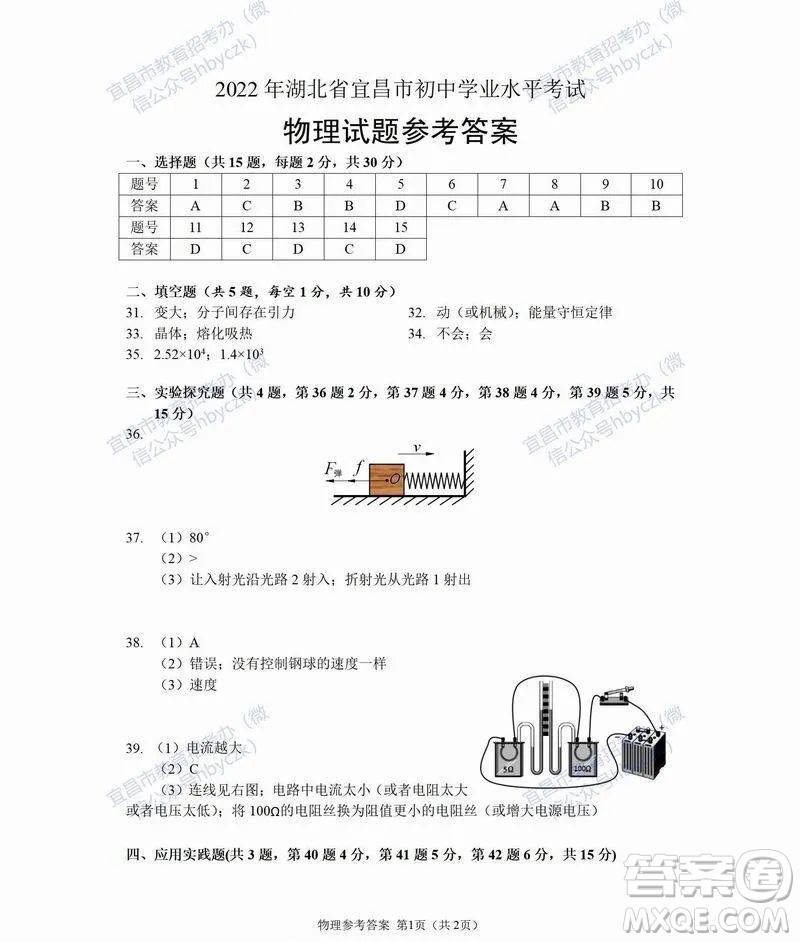 2022年湖北省宜昌市初中學(xué)業(yè)水平考試物理化學(xué)試題及答案