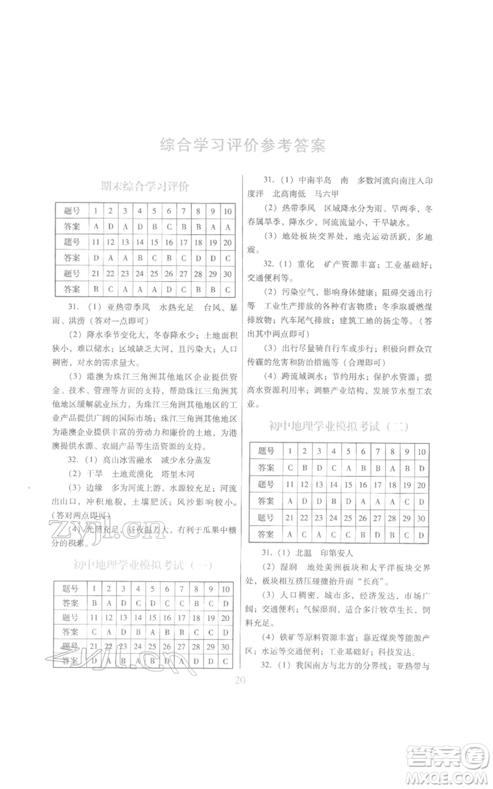 江西美術(shù)出版社2022同步練習(xí)八年級(jí)下冊(cè)地理粵人版參考答案