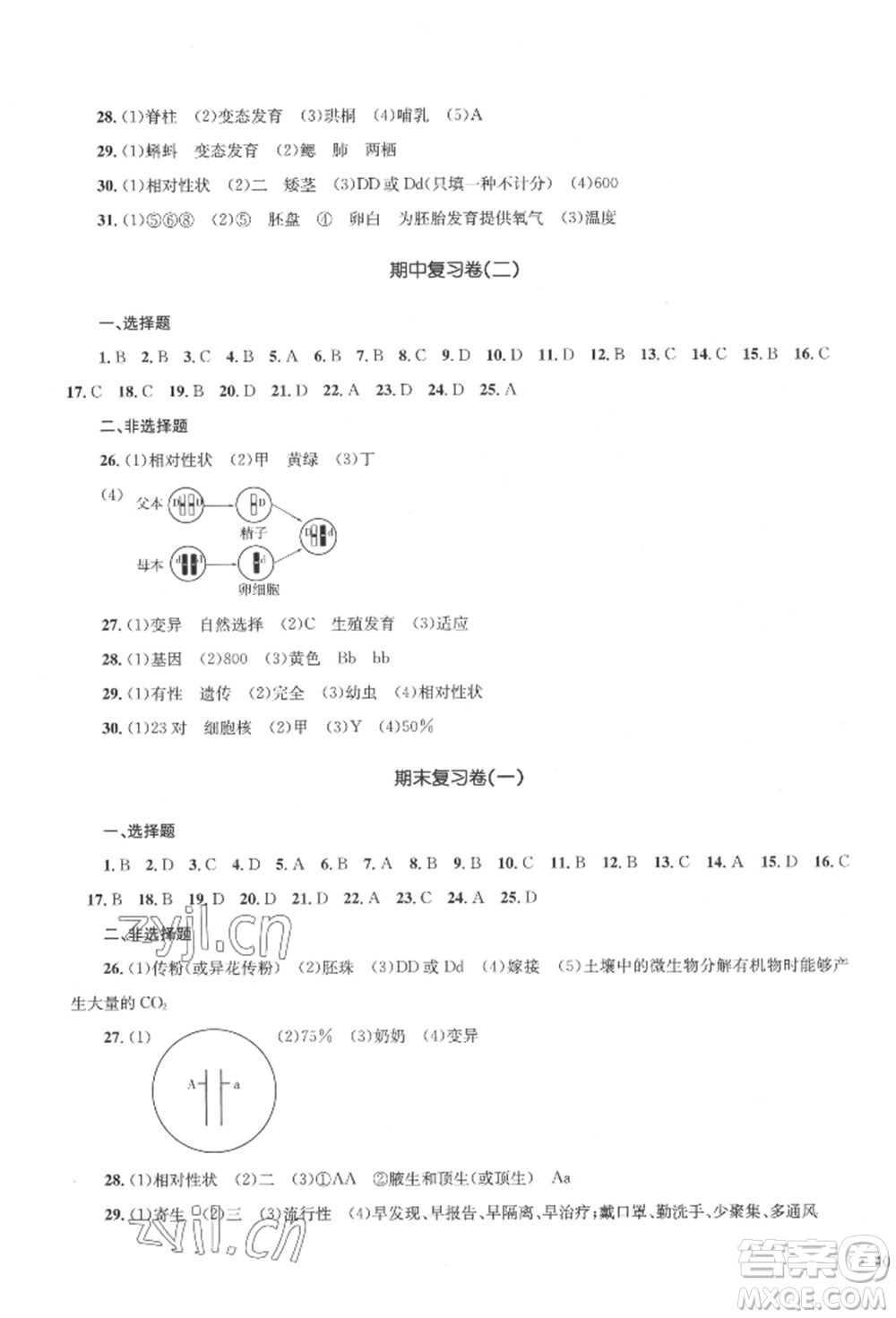 湖南教育出版社2022湘教考苑單元測(cè)試卷八年級(jí)下冊(cè)生物人教版參考答案