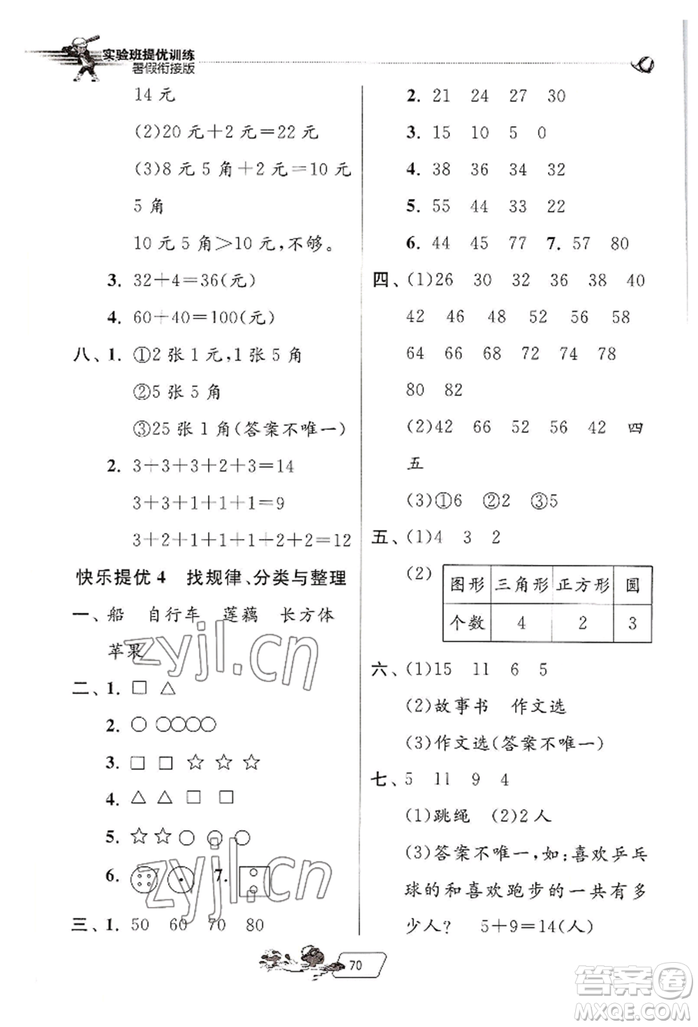 江蘇人民出版社2022實驗班提優(yōu)訓練暑假銜接一升二數(shù)學人教版參考答案