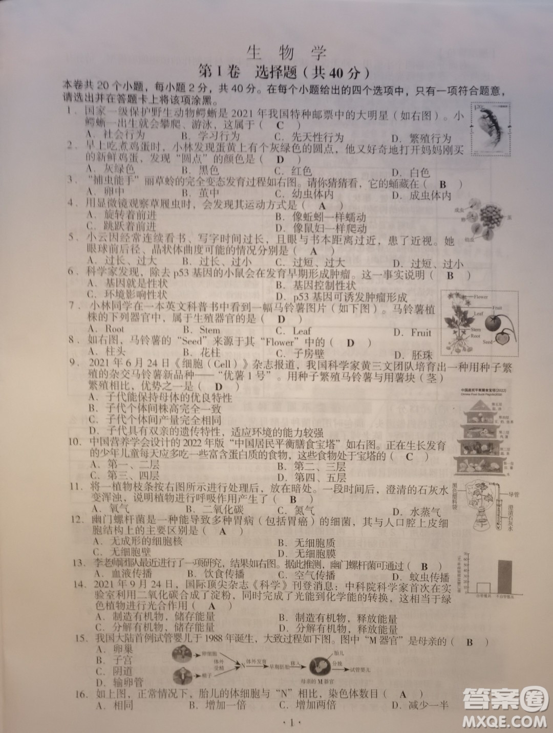 2022年山西中考真題晉中版生物學試題及答案