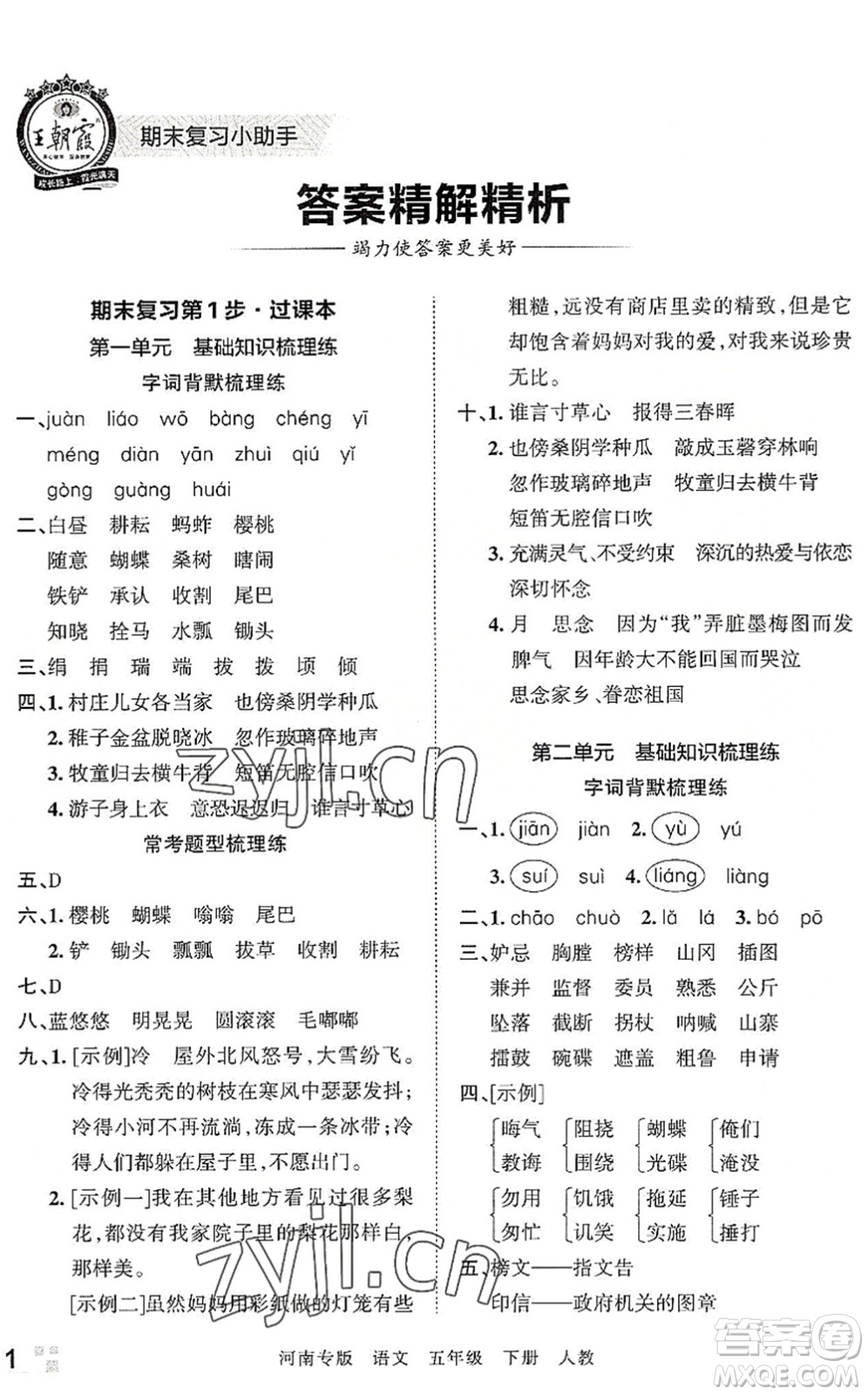 江西人民出版社2022王朝霞各地期末試卷精選五年級(jí)語(yǔ)文下冊(cè)人教版河南專版答案