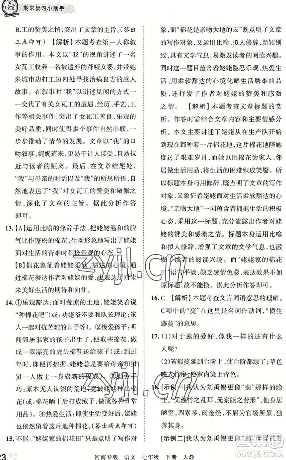 江西人民出版社2022王朝霞各地期末試卷精選七年級(jí)語文下冊(cè)人教版河南專版答案