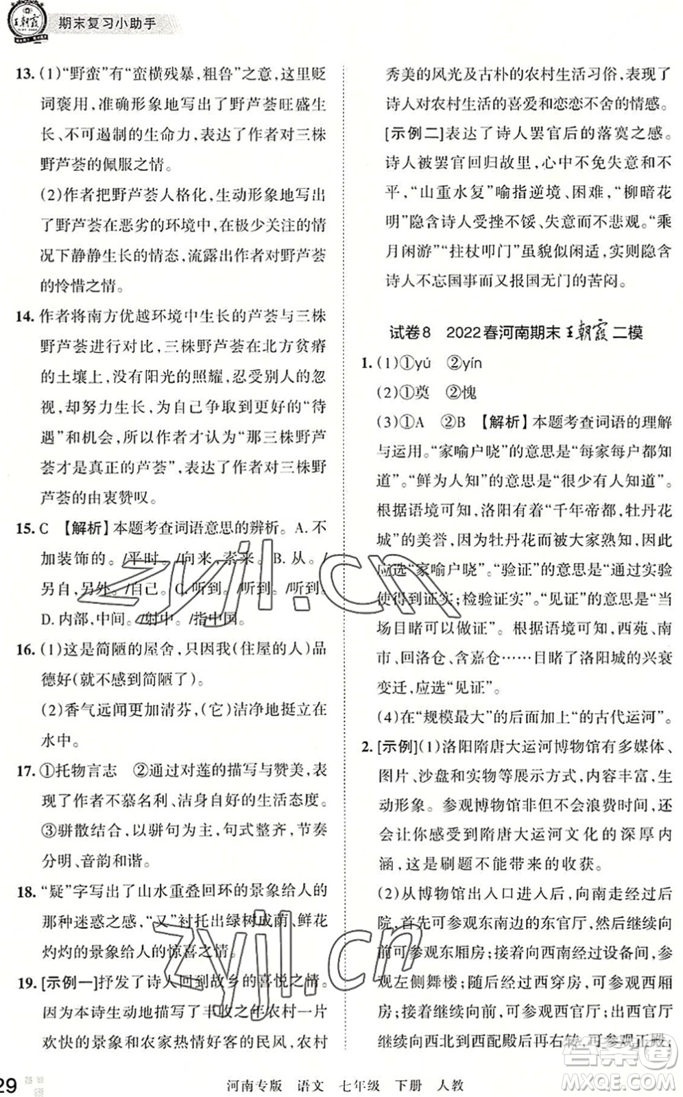 江西人民出版社2022王朝霞各地期末試卷精選七年級(jí)語文下冊(cè)人教版河南專版答案