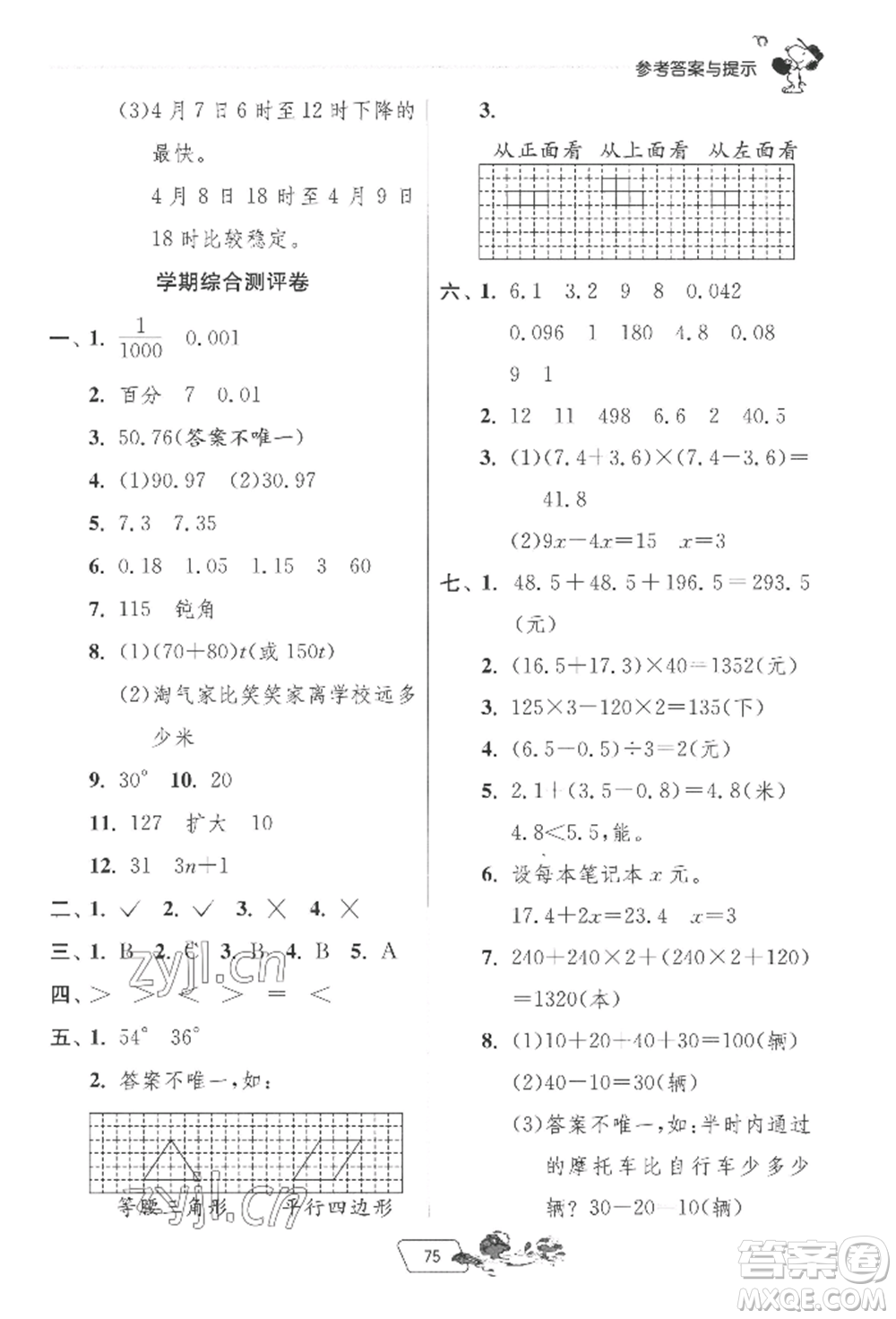 江蘇人民出版社2022實(shí)驗(yàn)班提優(yōu)訓(xùn)練暑假銜接四升五數(shù)學(xué)北師大版參考答案