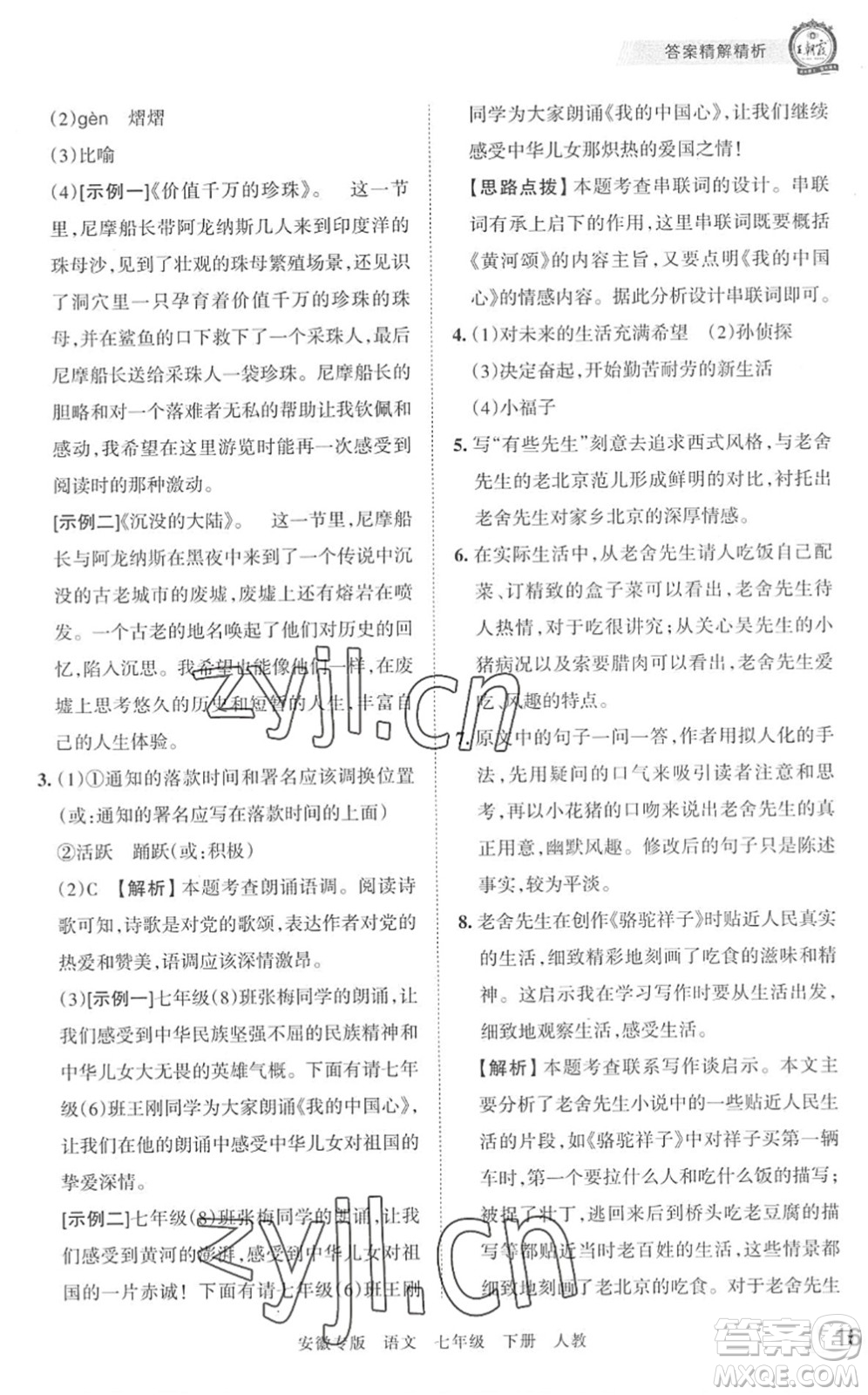 江西人民出版社2022王朝霞各地期末試卷精選七年級(jí)語(yǔ)文下冊(cè)人教版安徽專版答案