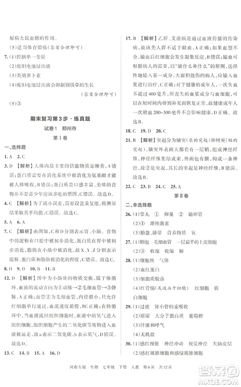 江西人民出版社2022王朝霞各地期末試卷精選七年級(jí)生物下冊(cè)人教版河南專版答案