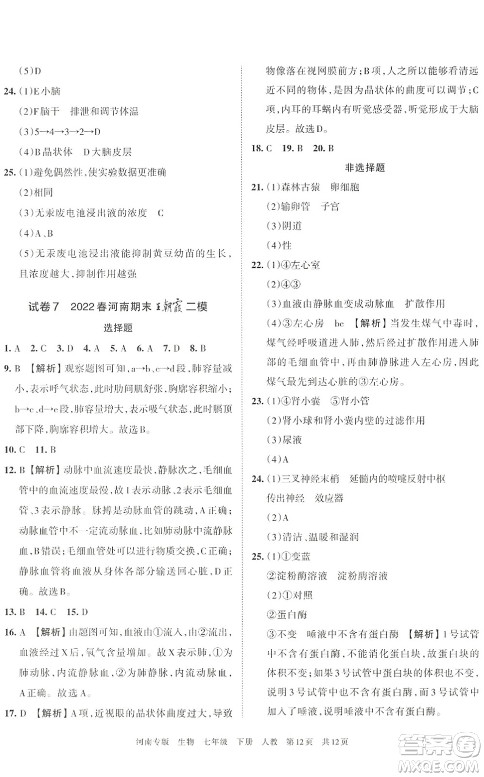 江西人民出版社2022王朝霞各地期末試卷精選七年級(jí)生物下冊(cè)人教版河南專版答案