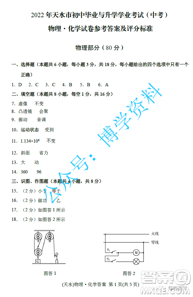 2022年天水市初中畢業(yè)與升學(xué)學(xué)業(yè)考試中考物理試題參考答案