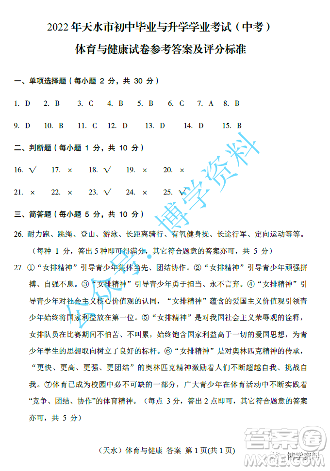 2022年天水市初中畢業(yè)與升學(xué)學(xué)業(yè)考試中考體育與健康試題參考答案