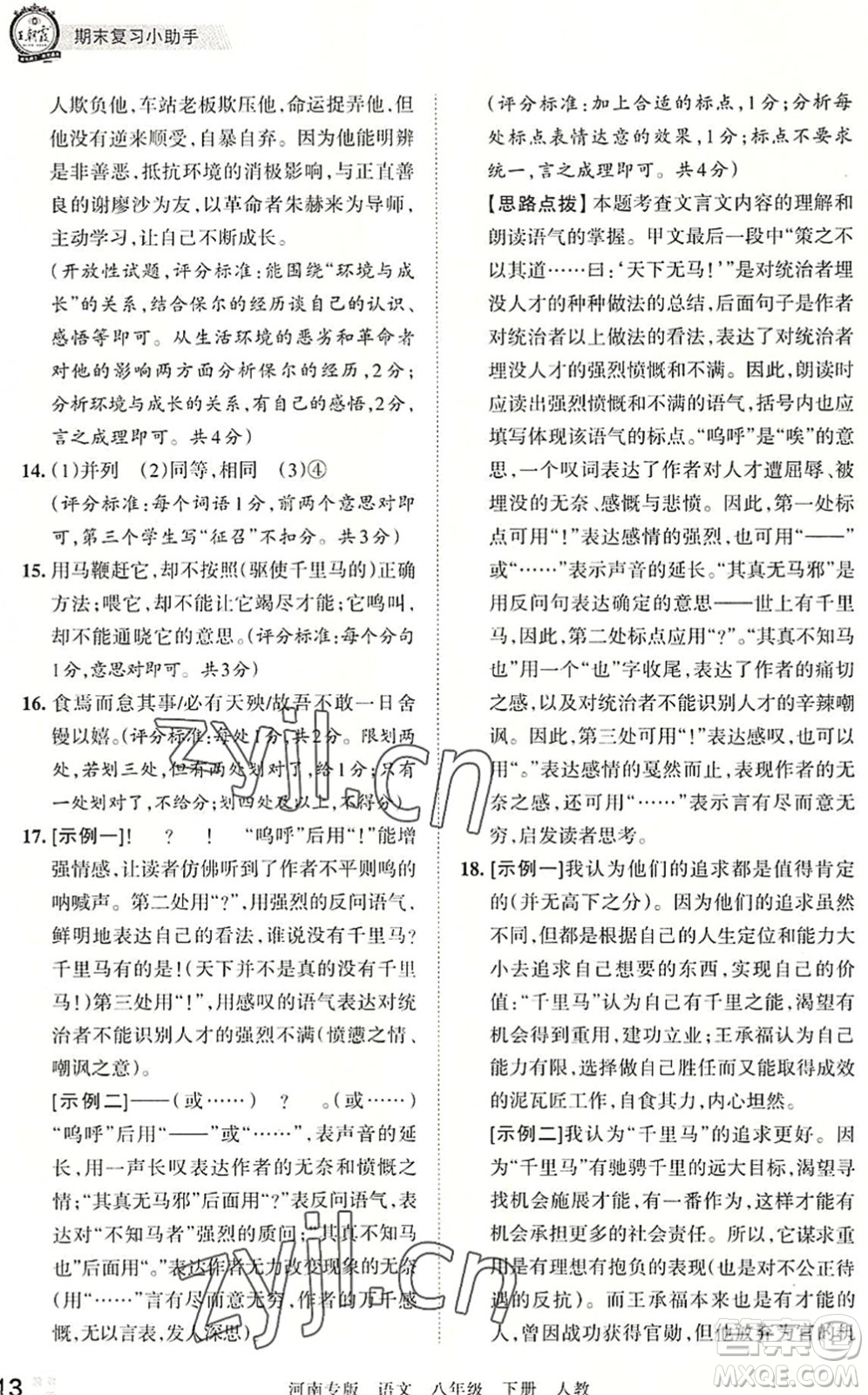 江西人民出版社2022王朝霞各地期末試卷精選八年級(jí)語(yǔ)文下冊(cè)人教版河南專(zhuān)版答案