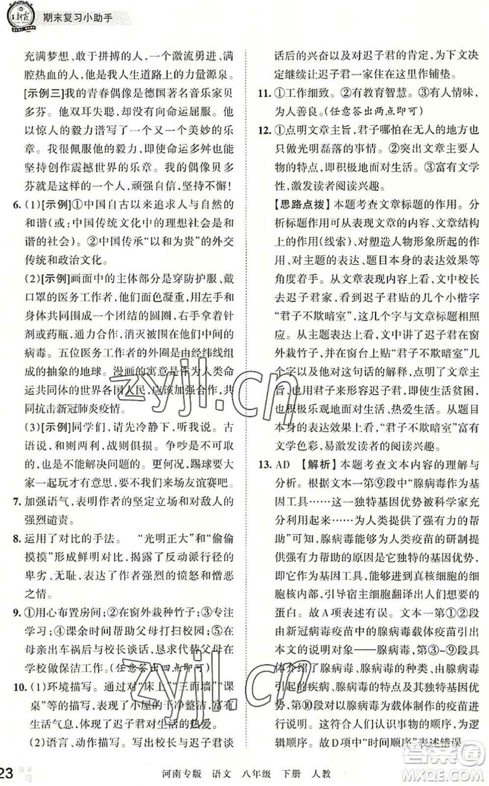 江西人民出版社2022王朝霞各地期末試卷精選八年級(jí)語(yǔ)文下冊(cè)人教版河南專(zhuān)版答案