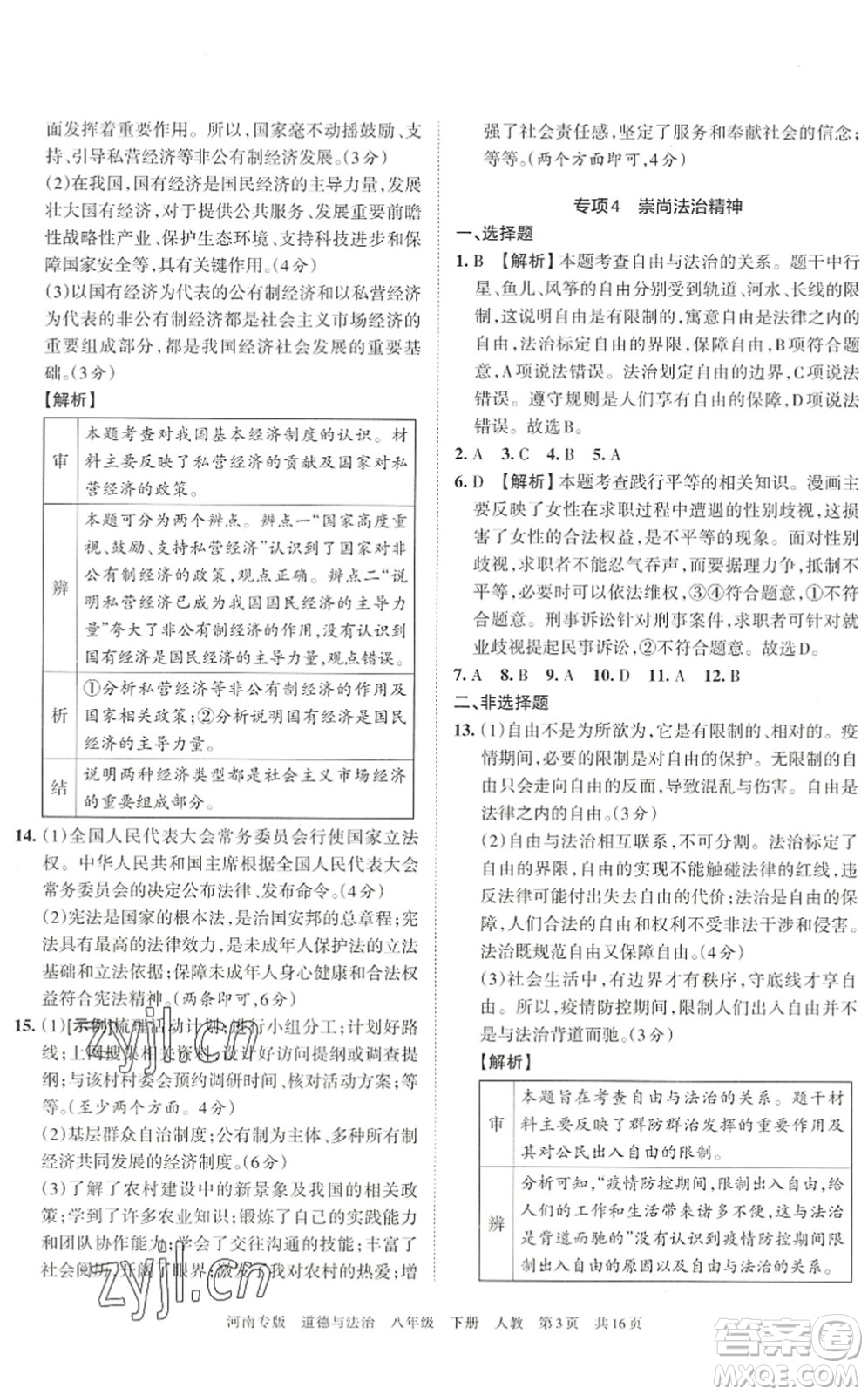 江西人民出版社2022王朝霞各地期末試卷精選八年級道德與法治下冊人教版河南專版答案