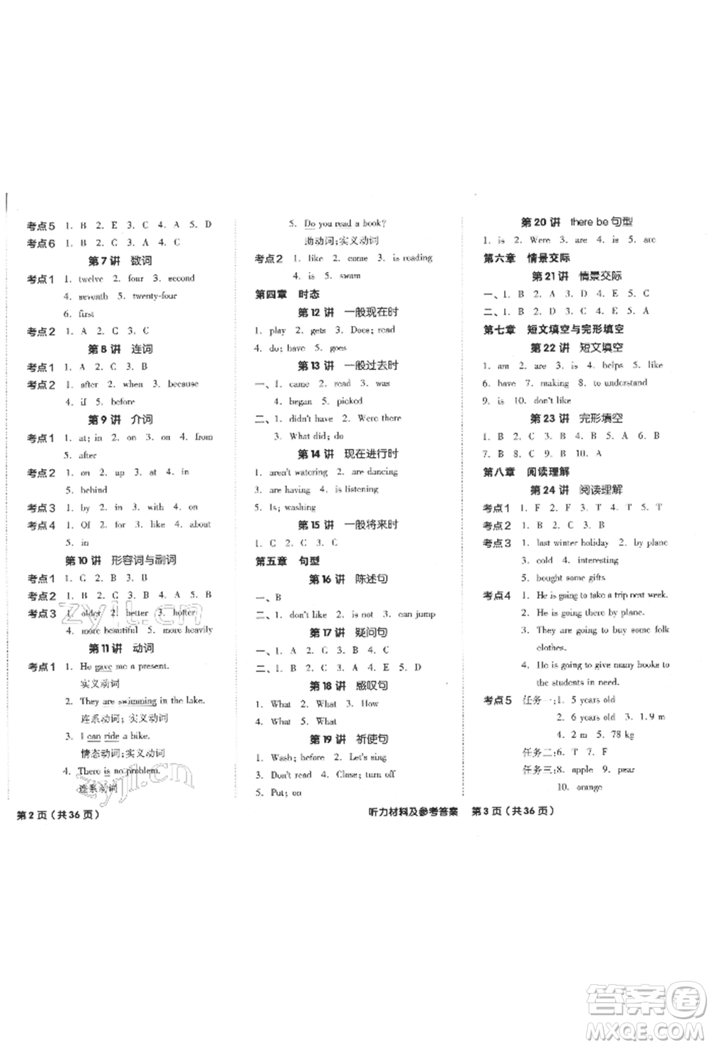 陽光出版社2022全品小學(xué)總復(fù)習(xí)教程考點(diǎn)串講英語通用版參考答案