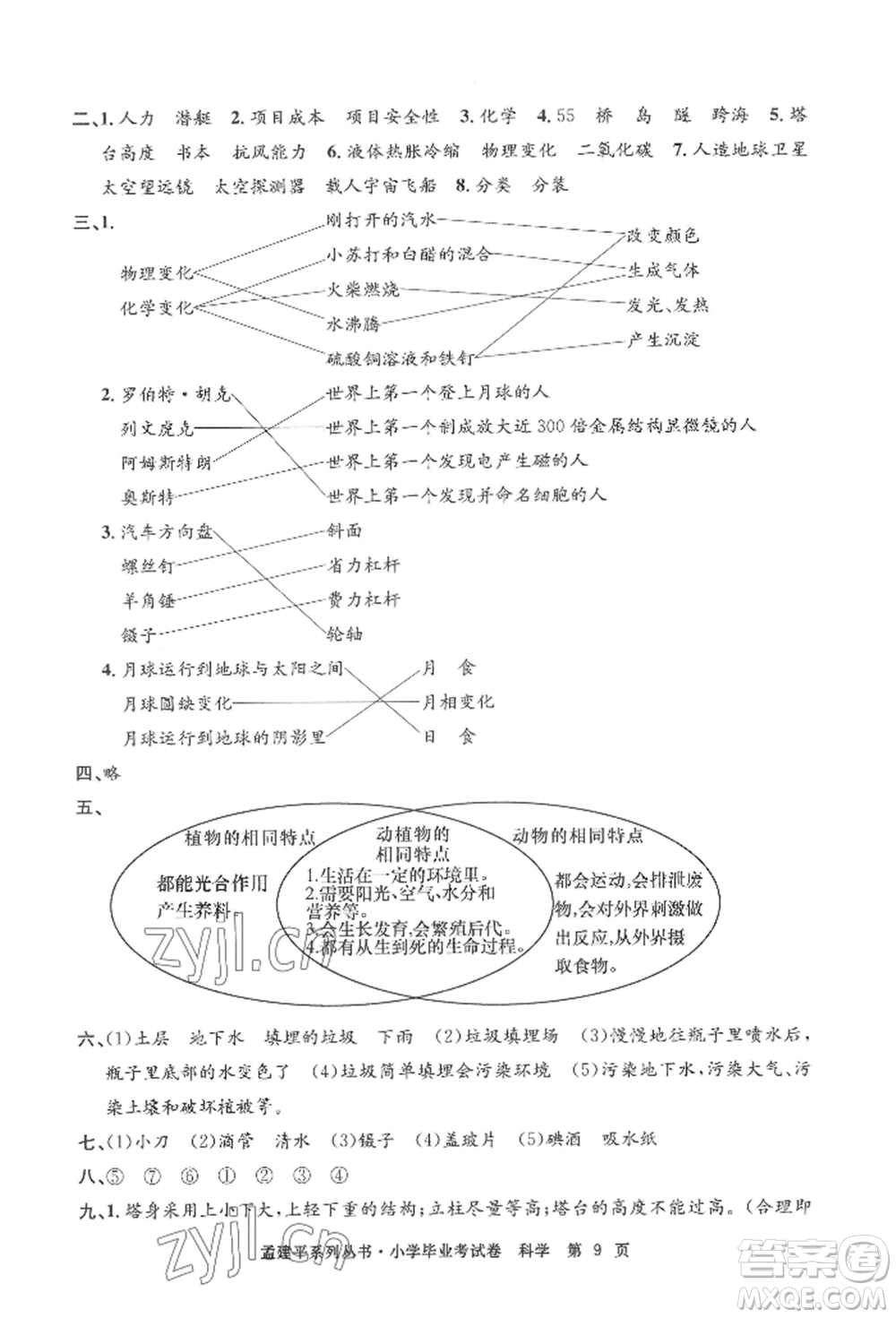 浙江工商大學(xué)出版社2022孟建平系列小學(xué)科學(xué)畢業(yè)考試卷通用版參考答案