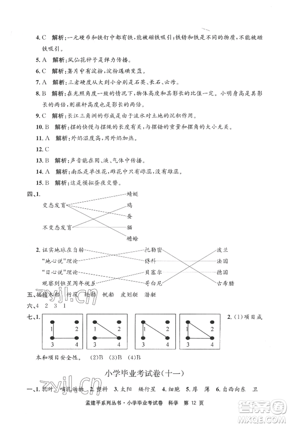 浙江工商大學(xué)出版社2022孟建平系列小學(xué)科學(xué)畢業(yè)考試卷通用版參考答案