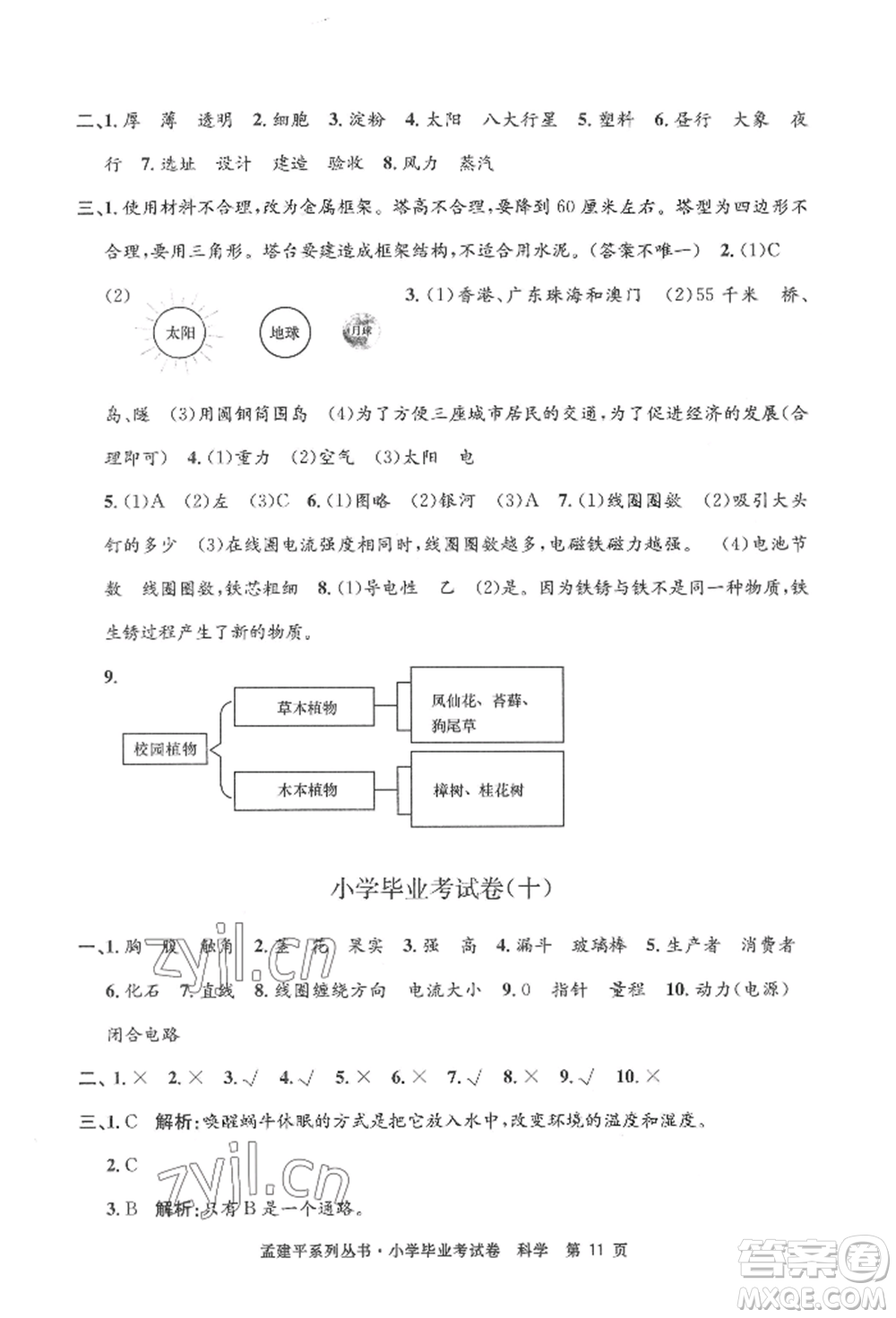 浙江工商大學(xué)出版社2022孟建平系列小學(xué)科學(xué)畢業(yè)考試卷通用版參考答案