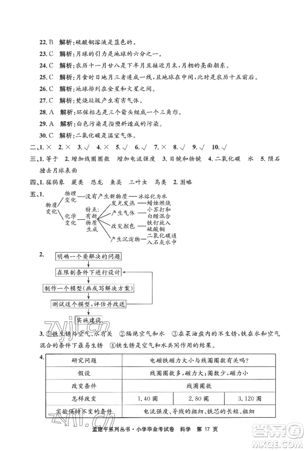 浙江工商大學(xué)出版社2022孟建平系列小學(xué)科學(xué)畢業(yè)考試卷通用版參考答案