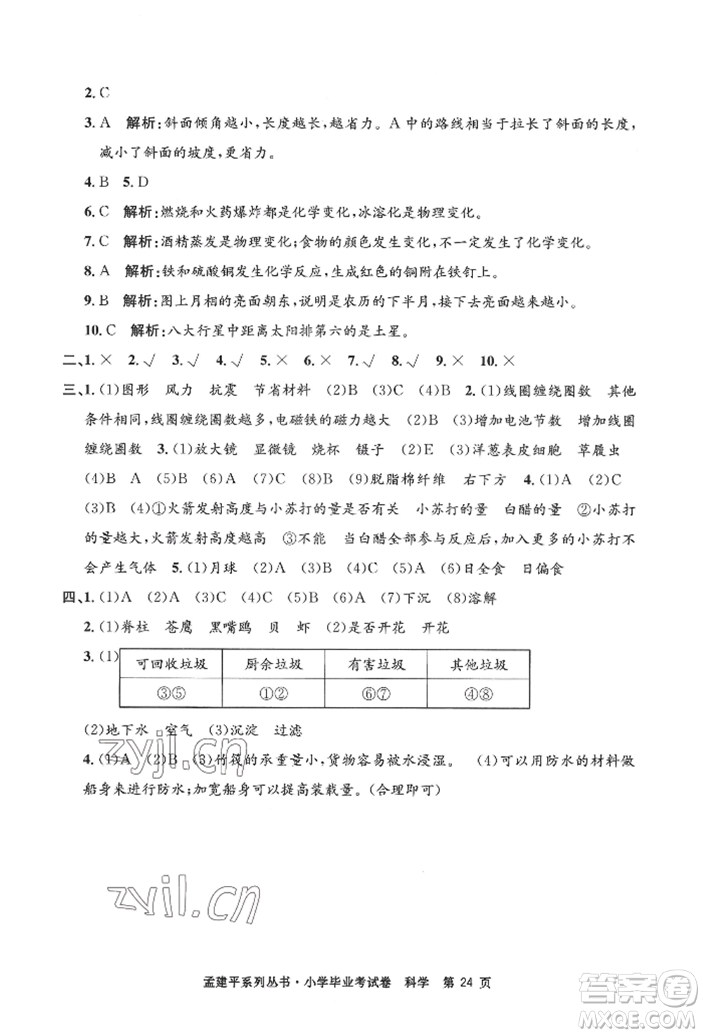 浙江工商大學(xué)出版社2022孟建平系列小學(xué)科學(xué)畢業(yè)考試卷通用版參考答案