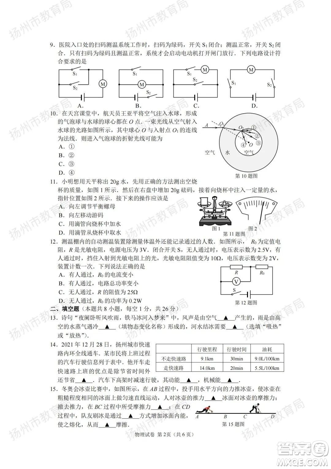 揚州市2022年初中畢業(yè)升學(xué)統(tǒng)一考試物理試題及答案