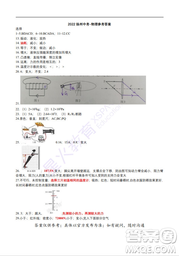 揚州市2022年初中畢業(yè)升學(xué)統(tǒng)一考試物理試題及答案