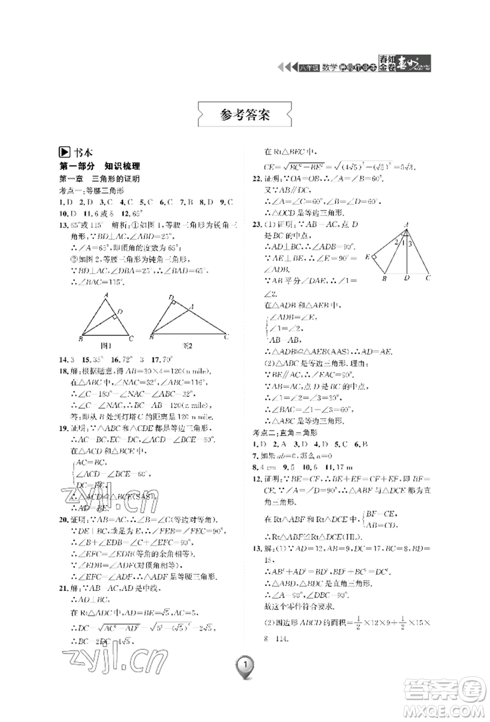 天津科學(xué)技術(shù)出版社2022春如金卷數(shù)學(xué)暑假作業(yè)本八年級通用版參考答案