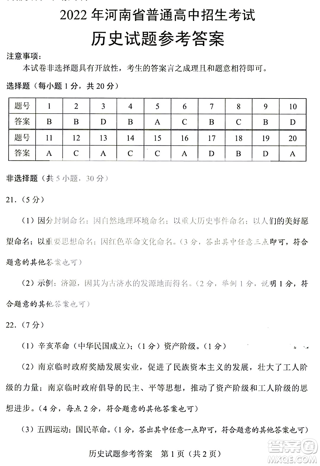 2022年河南省普通高中招生考試歷史試題及答案