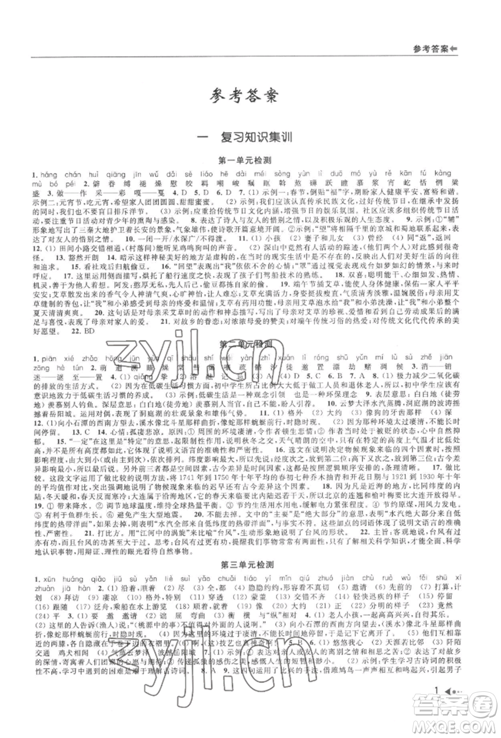 南京出版社2022暑期銜接培優(yōu)集訓(xùn)八升九語文人教版參考答案