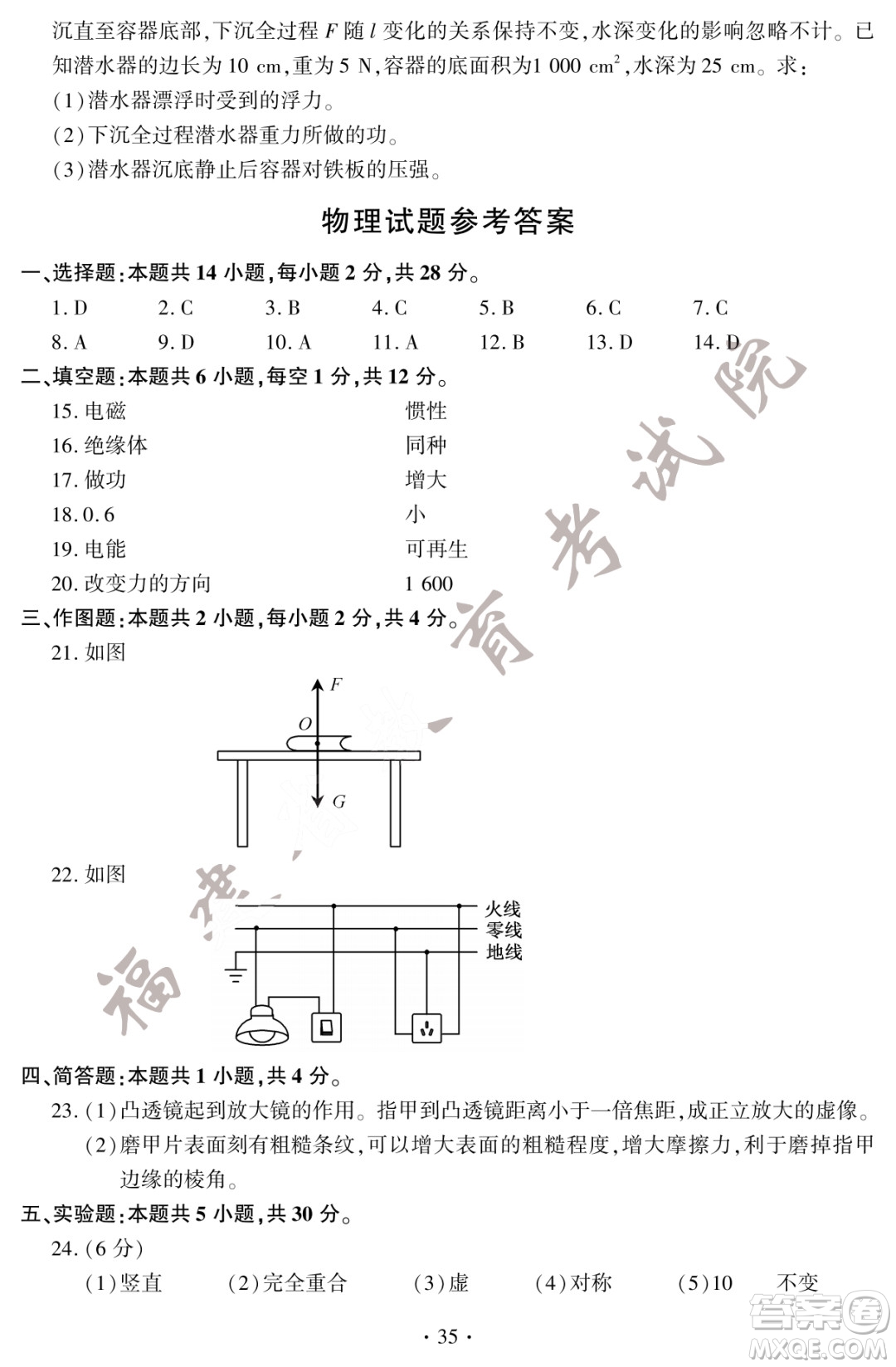 2022年福建省初中學(xué)業(yè)水平考試物理試卷及答案