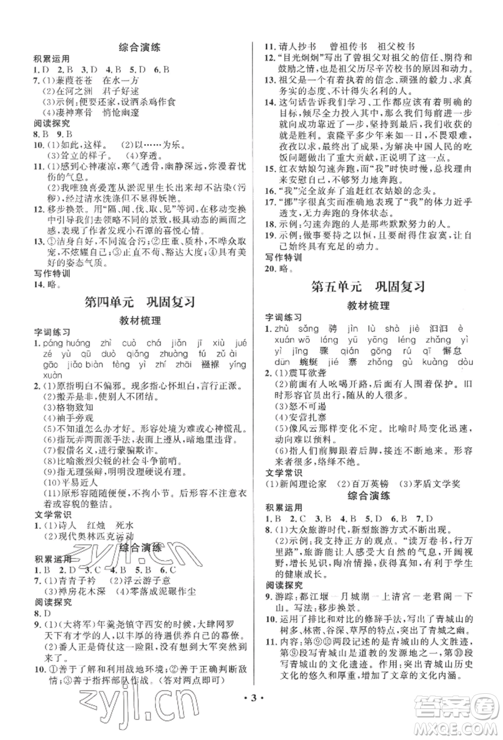 長江出版社2022給力100假期作業(yè)八年級語文人教版參考答案