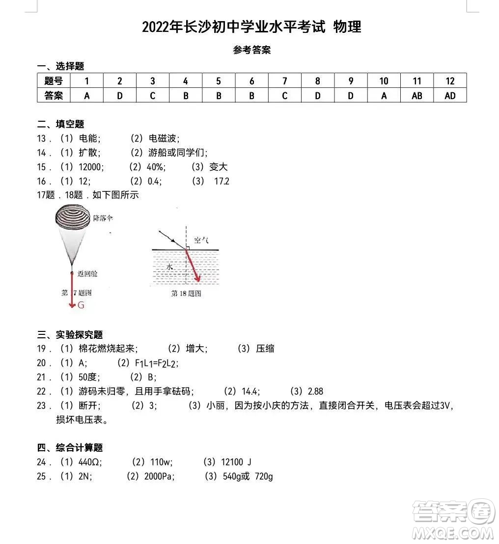 2022年長沙市初中學業(yè)水平考試物理試卷及答案