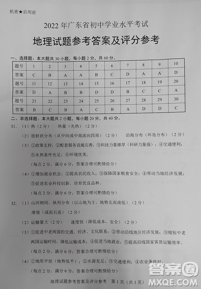 2022年廣東省初中學(xué)業(yè)水平考試地理試題及答案