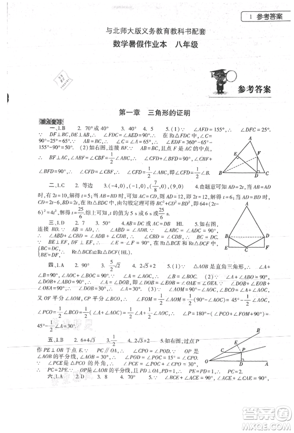 大象出版社2022數(shù)學(xué)暑假作業(yè)本八年級北師大版參考答案