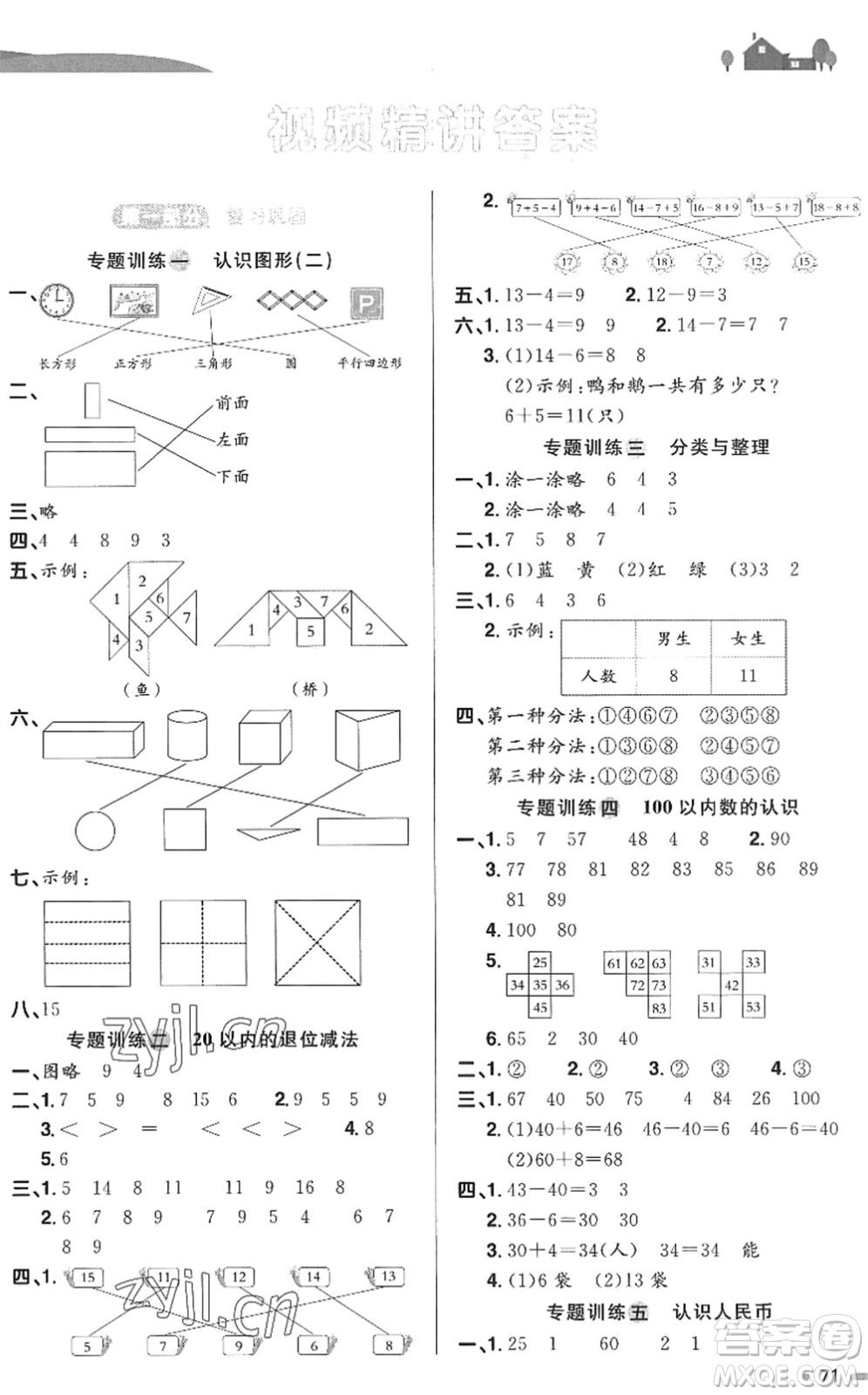 江西教育出版社2022陽光同學(xué)暑假銜接一升二年級數(shù)學(xué)RJ人教版答案