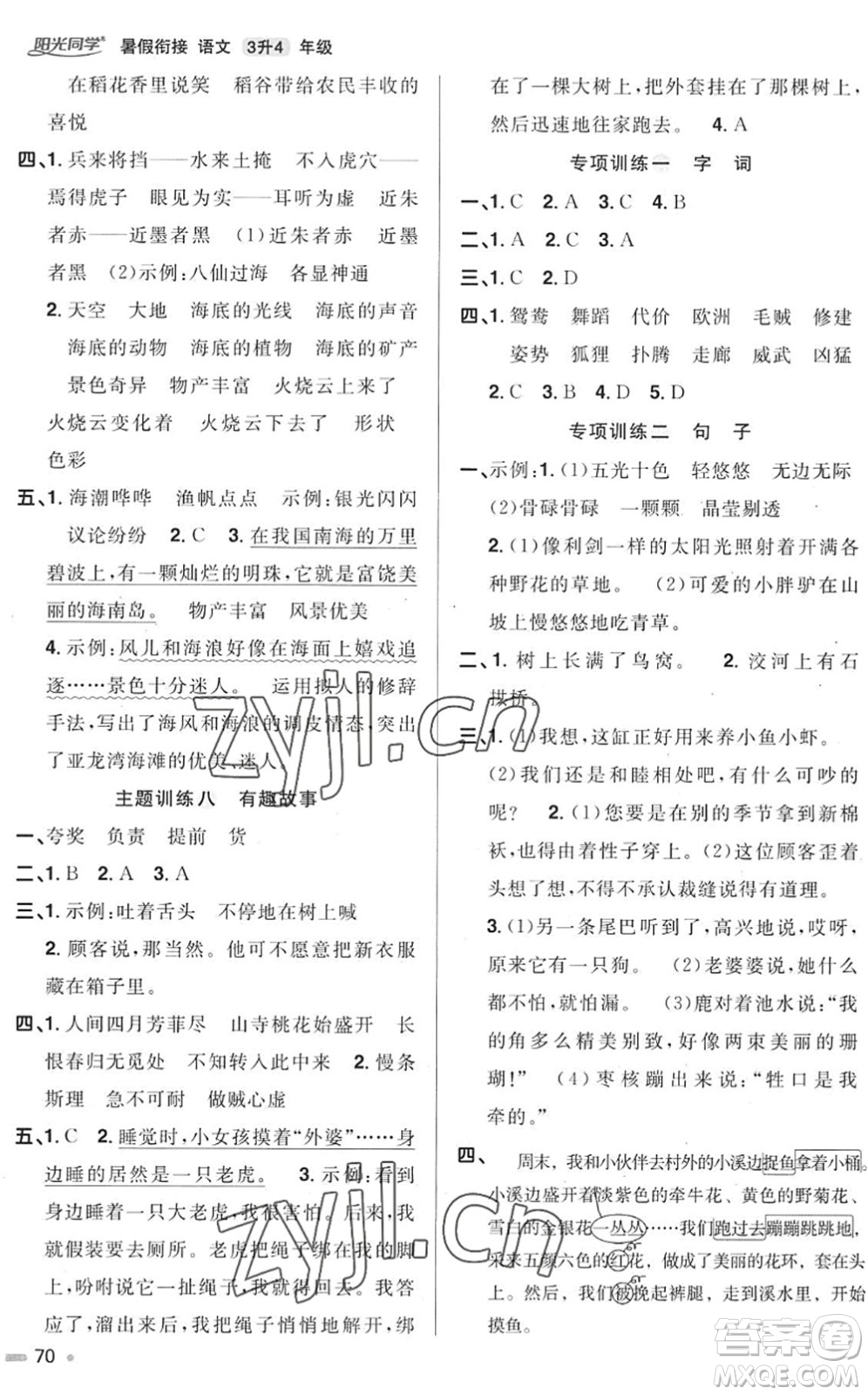 江西教育出版社2022陽光同學(xué)暑假銜接三升四年級(jí)語文RJ人教版答案