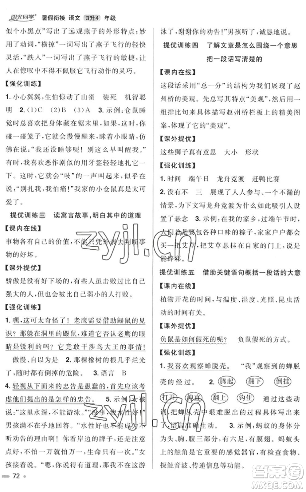 江西教育出版社2022陽光同學(xué)暑假銜接三升四年級(jí)語文RJ人教版答案