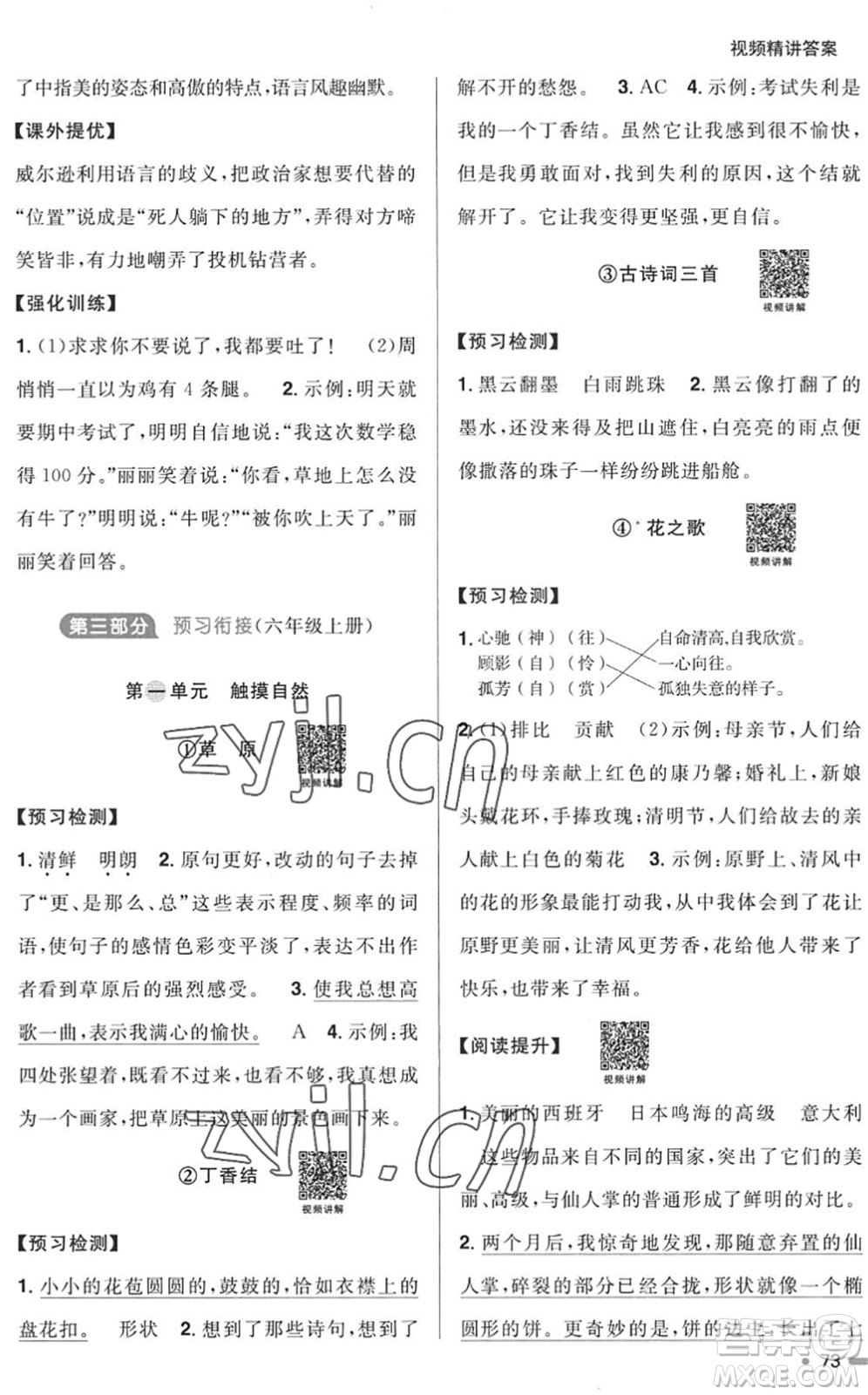 江西教育出版社2022陽光同學(xué)暑假銜接五升六年級語文RJ人教版答案