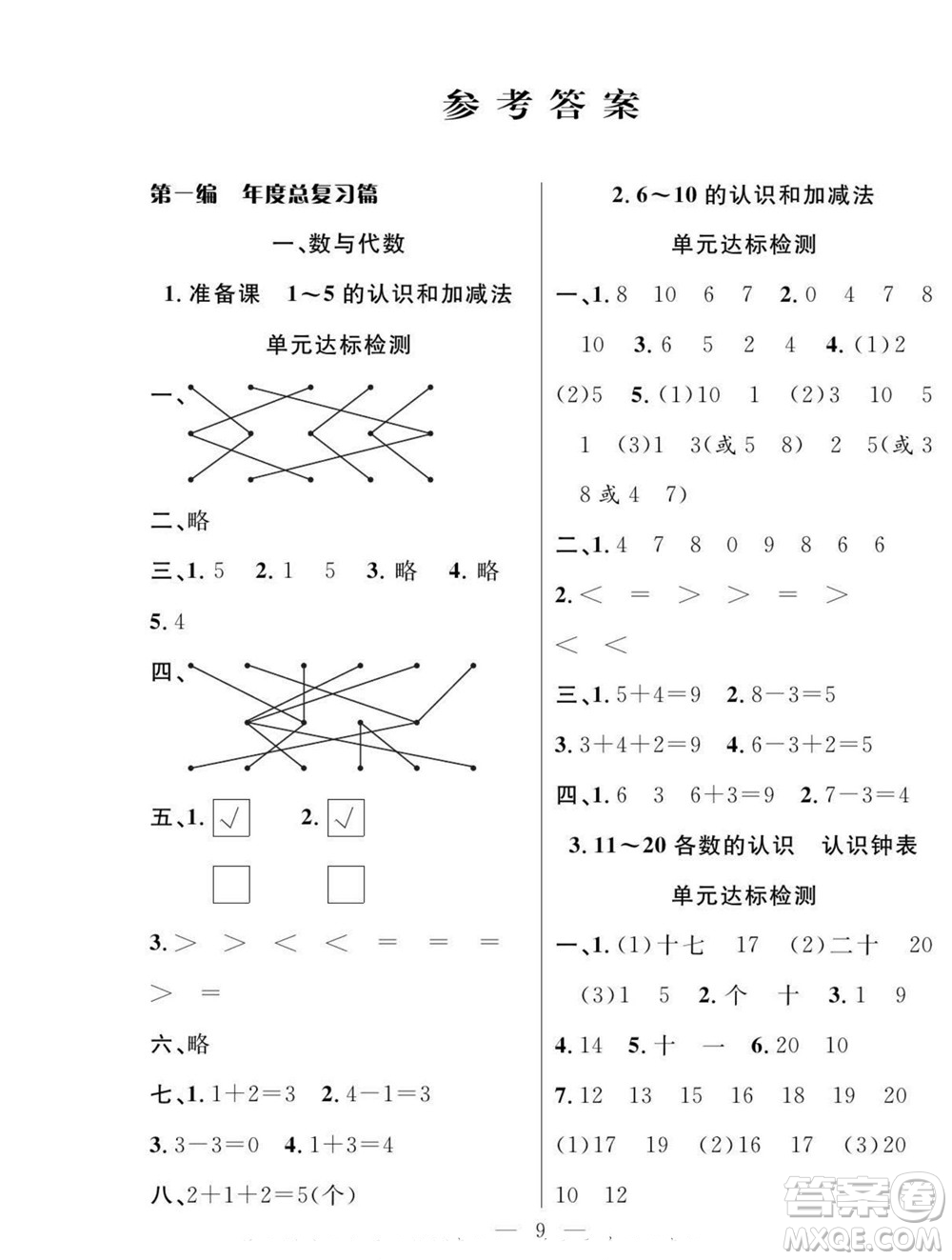 吉林教育出版社2022優(yōu)等生快樂暑假最佳復習計劃一年級數(shù)學人教版答案