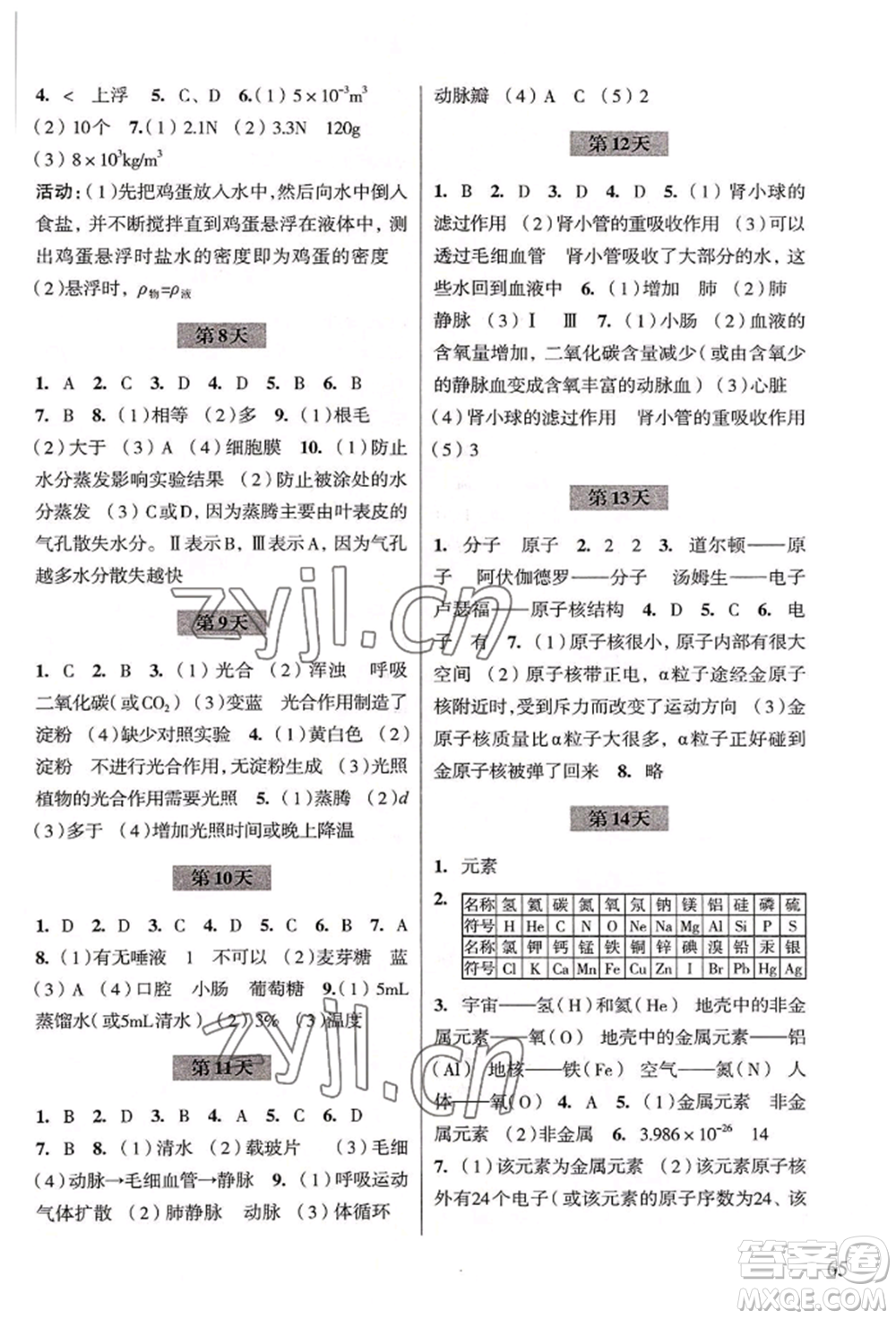 浙江科學(xué)技術(shù)出版社2022暑假作業(yè)八年級科學(xué)通用版參考答案